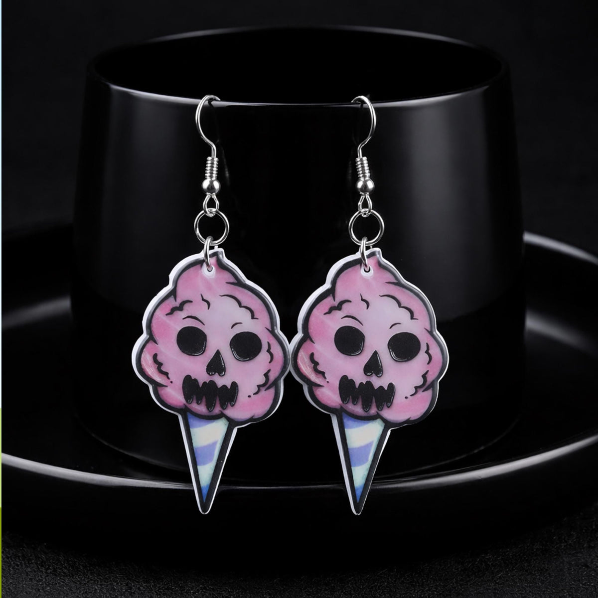 Skull Ice Cream Dangle Earrings, Pastel Goth Acrylic Jewelry