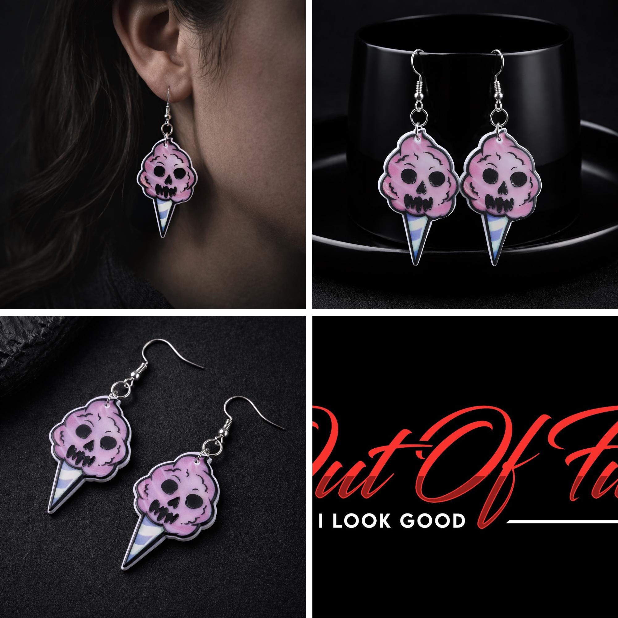 Skull Ice Cream Dangle Earrings, Pastel Goth Acrylic Jewelry