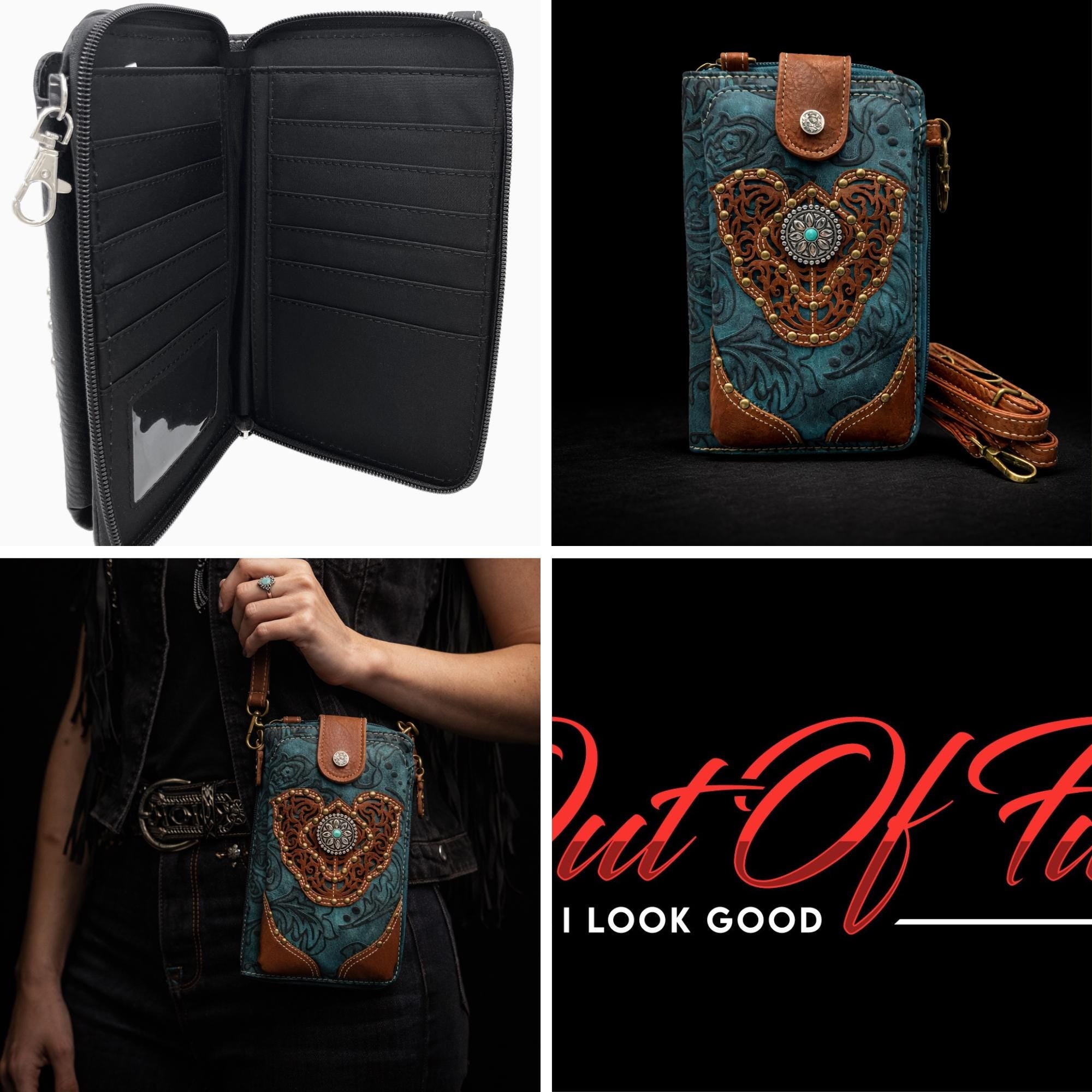 Turquoise Western Phone Crossbody, Tooled Leather Cowgirl Phone Bag
