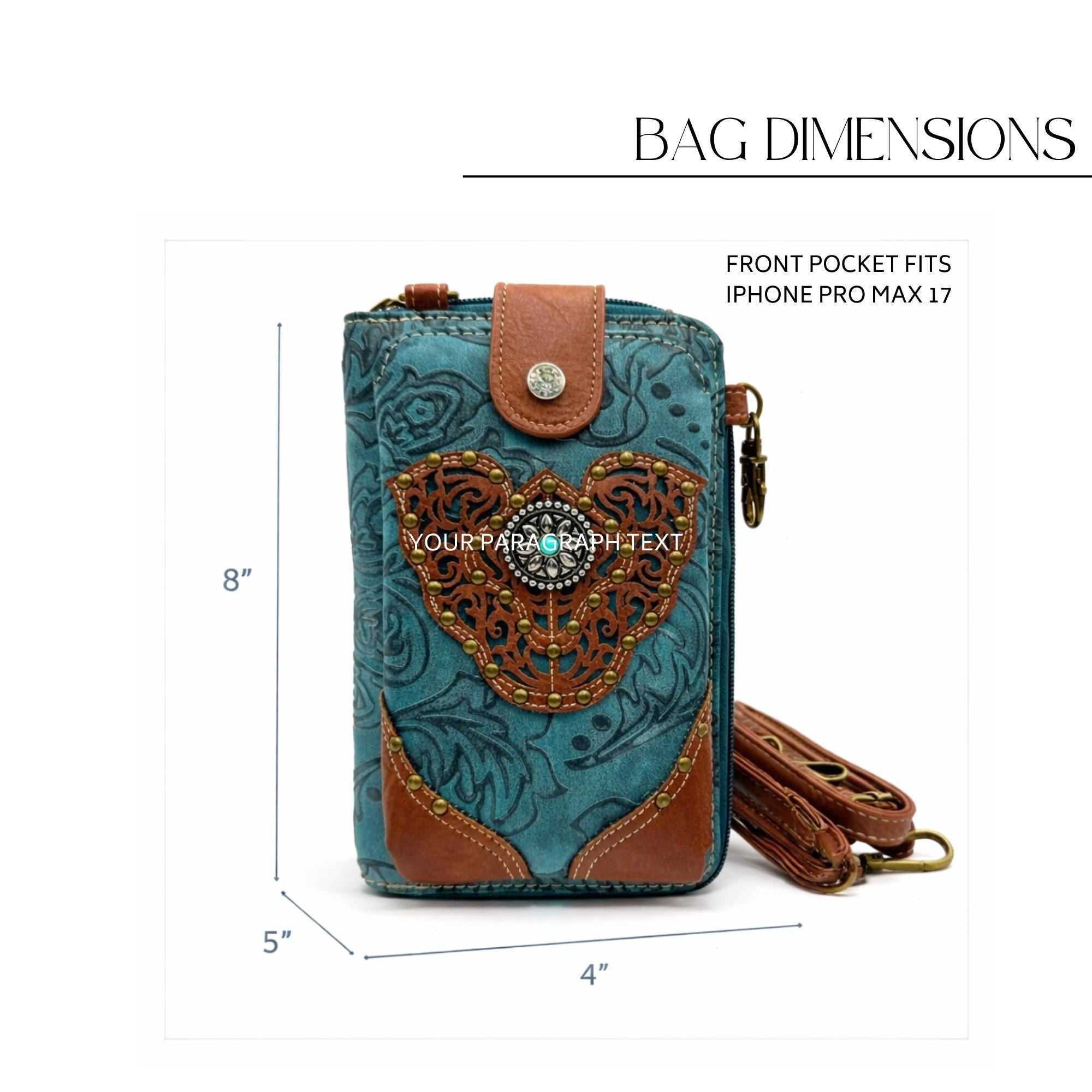 Turquoise Western Phone Crossbody, Tooled Leather Cowgirl Phone Bag