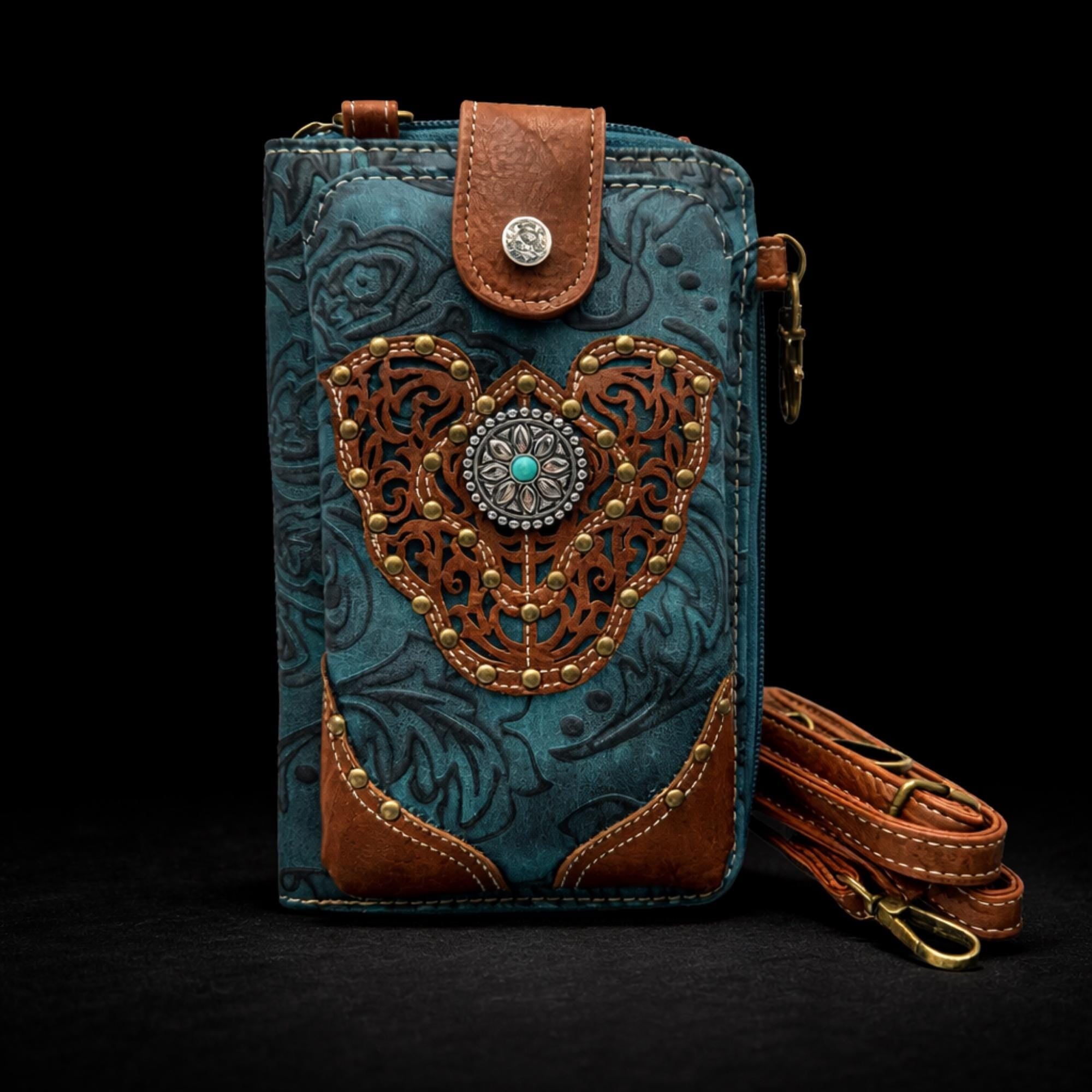 Turquoise Western Phone Crossbody, Tooled Leather Cowgirl Phone Bag