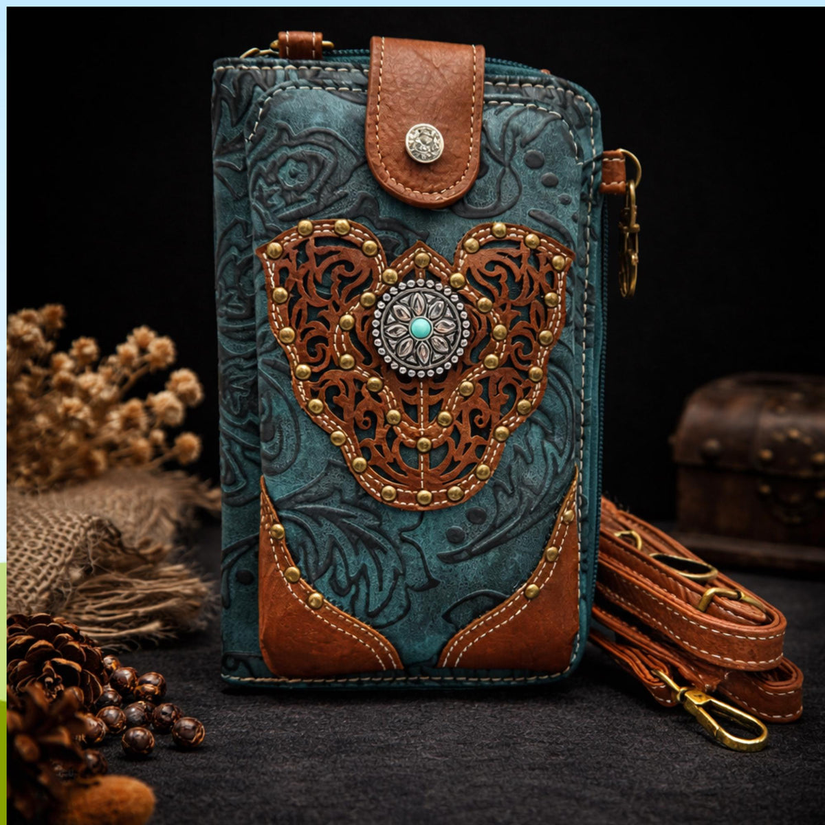 Turquoise Western Phone Crossbody, Tooled Leather Cowgirl Phone Bag