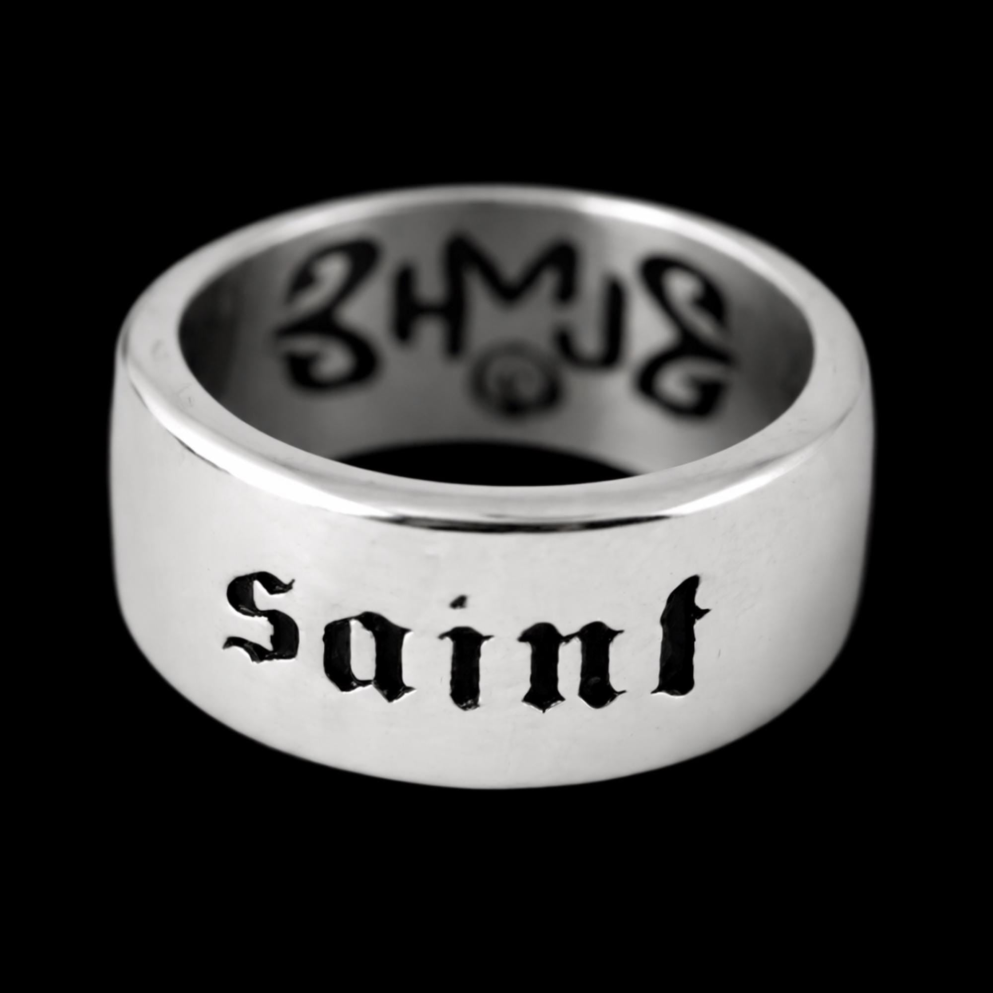 Saint Stainless Steel Biker Ring, Bold Engraved Statement Ring for Men