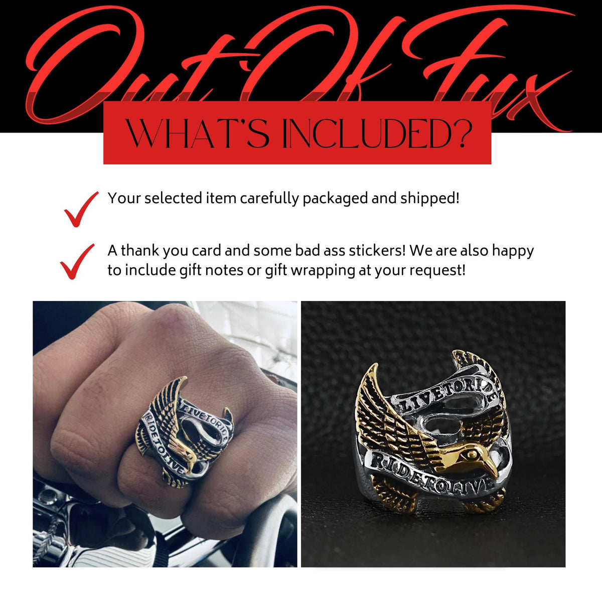 18K Gold Plated Eagle Biker Ring, Bold Statement Jewelry for Men