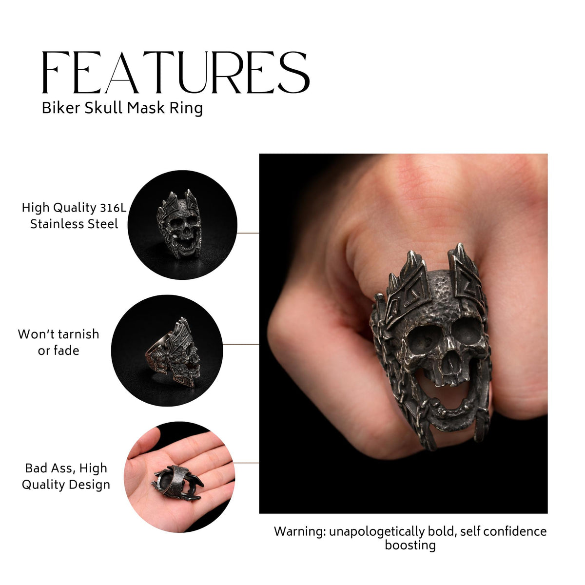 Blackened Stainless Steel Skull Ring for Men, Biker Gothic Statement Ring