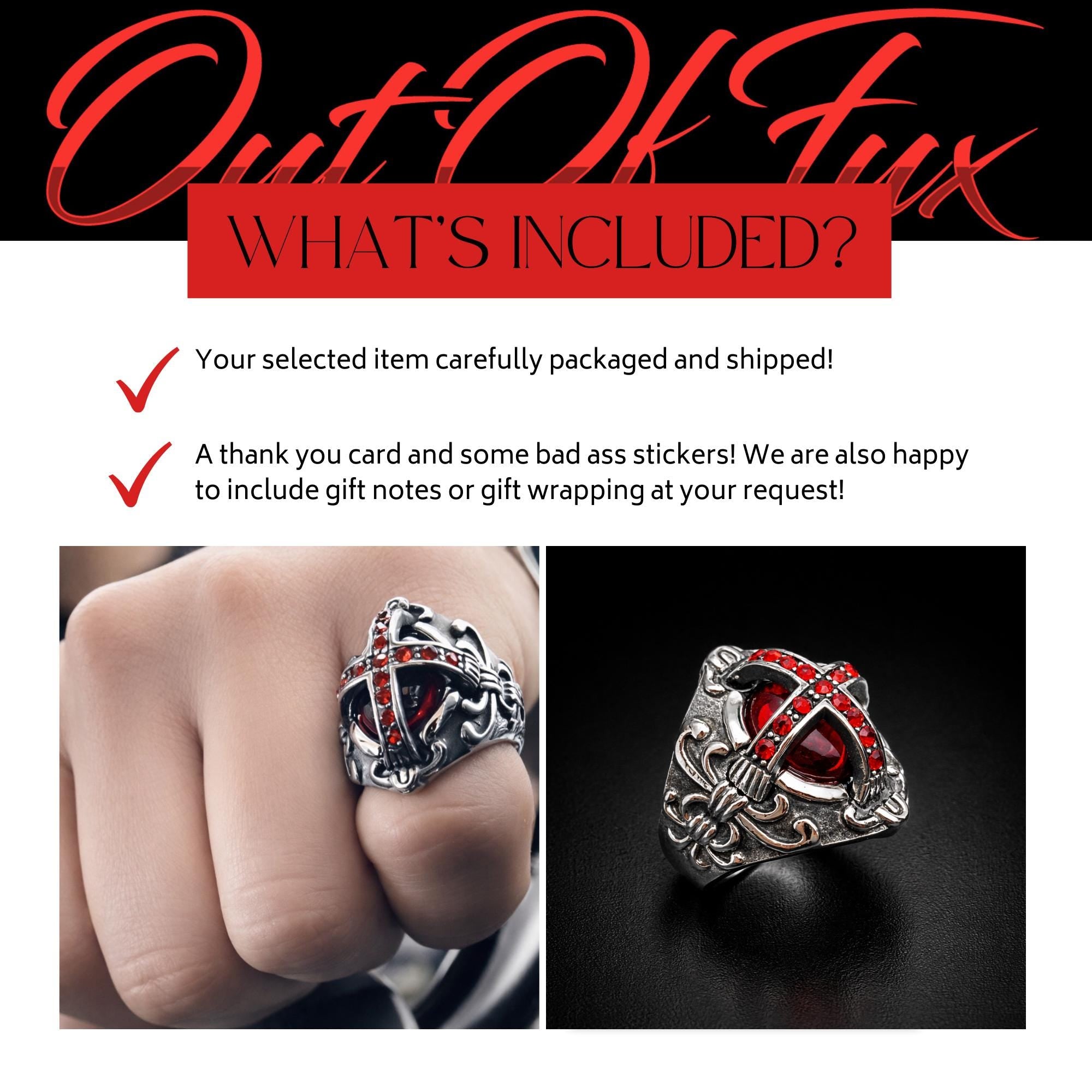 Gothic Red Stone Cross Ring for Men, Stainless Steel Biker Statement Ring