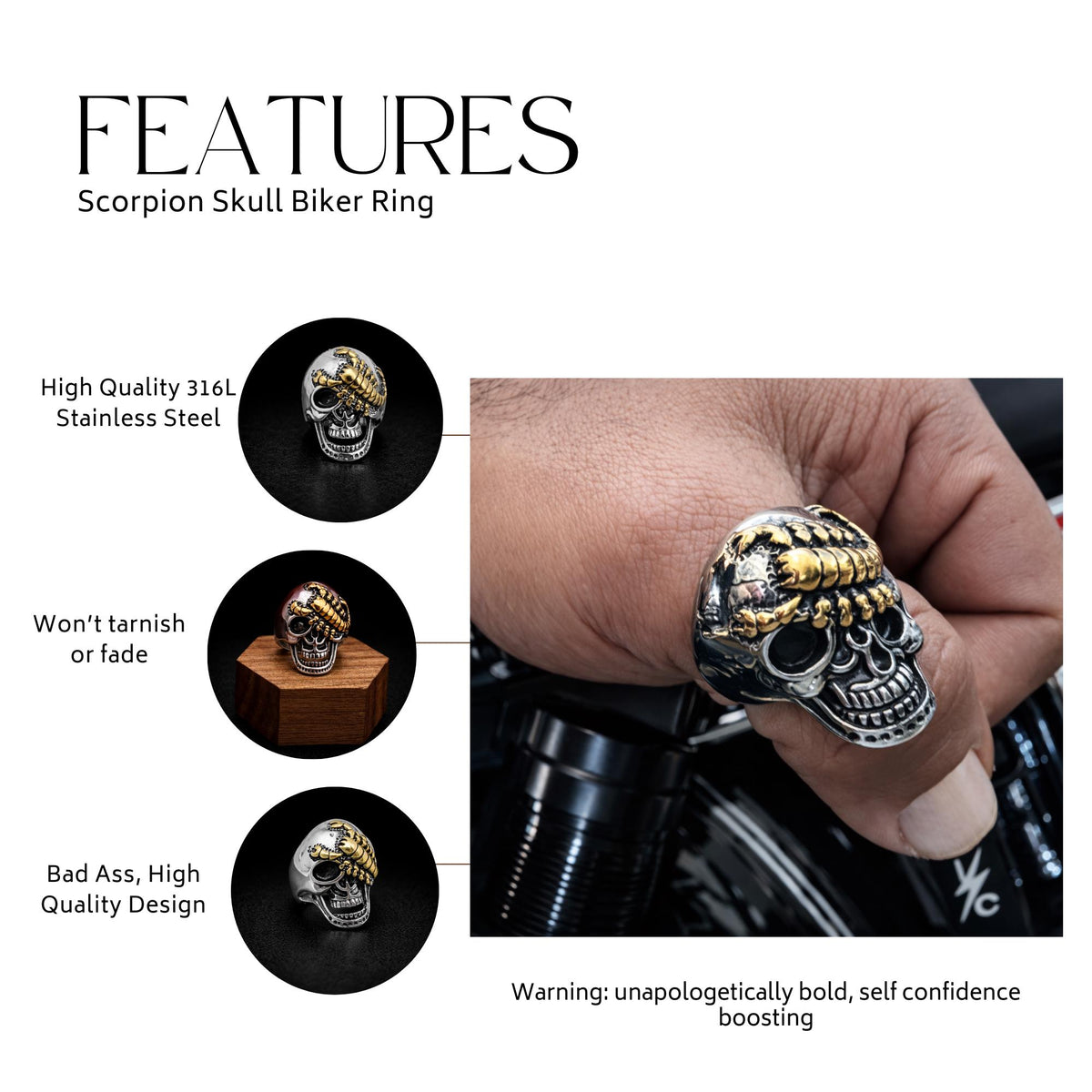 Stainless Steel Biker Skull Ring for Men, Scorpion Motorcycle Statement Ring