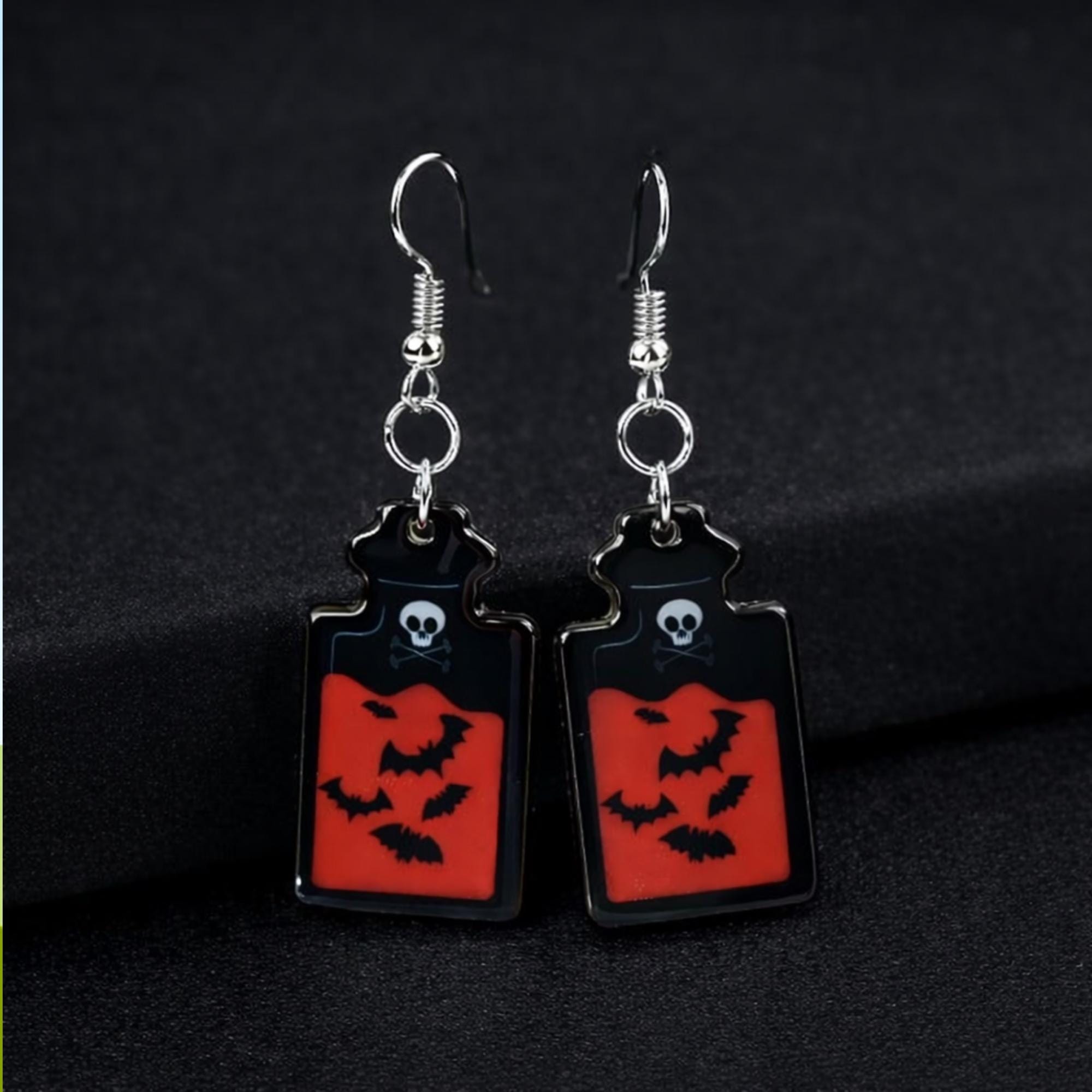 Red and Black Poison Bottle Earrings, Gothic Spooky Dangle Jewelry
