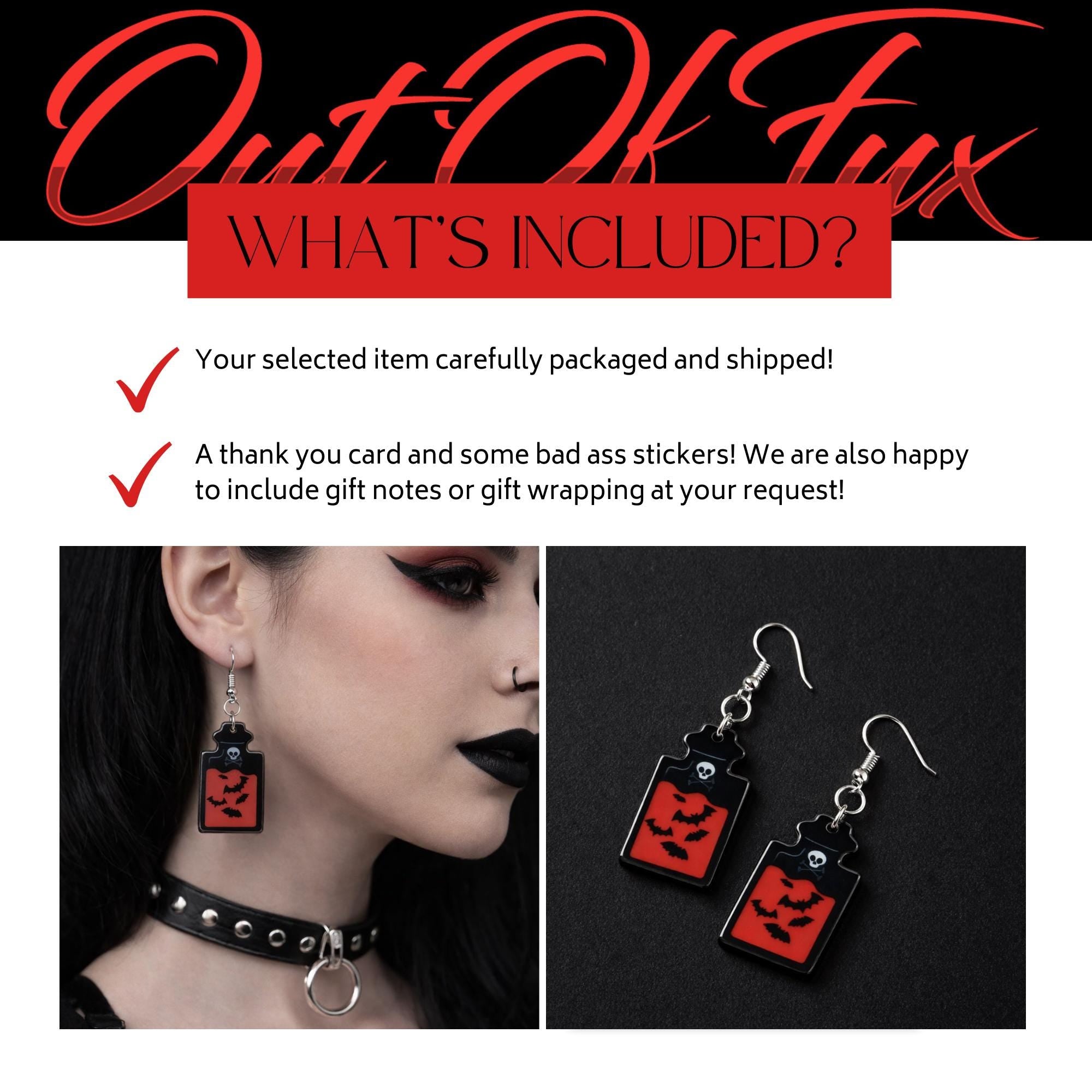 Red and Black Poison Bottle Earrings, Gothic Spooky Dangle Jewelry