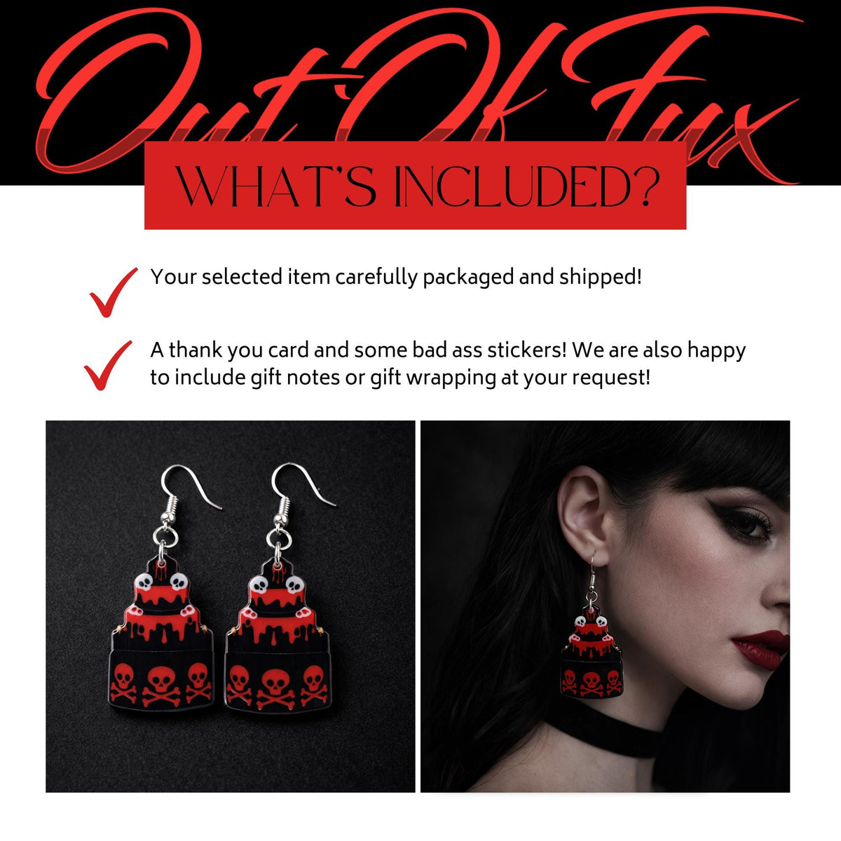 Goth Cake Skull Earrings, Double Sided Acrylic Dangle with Stainless Steel Hooks