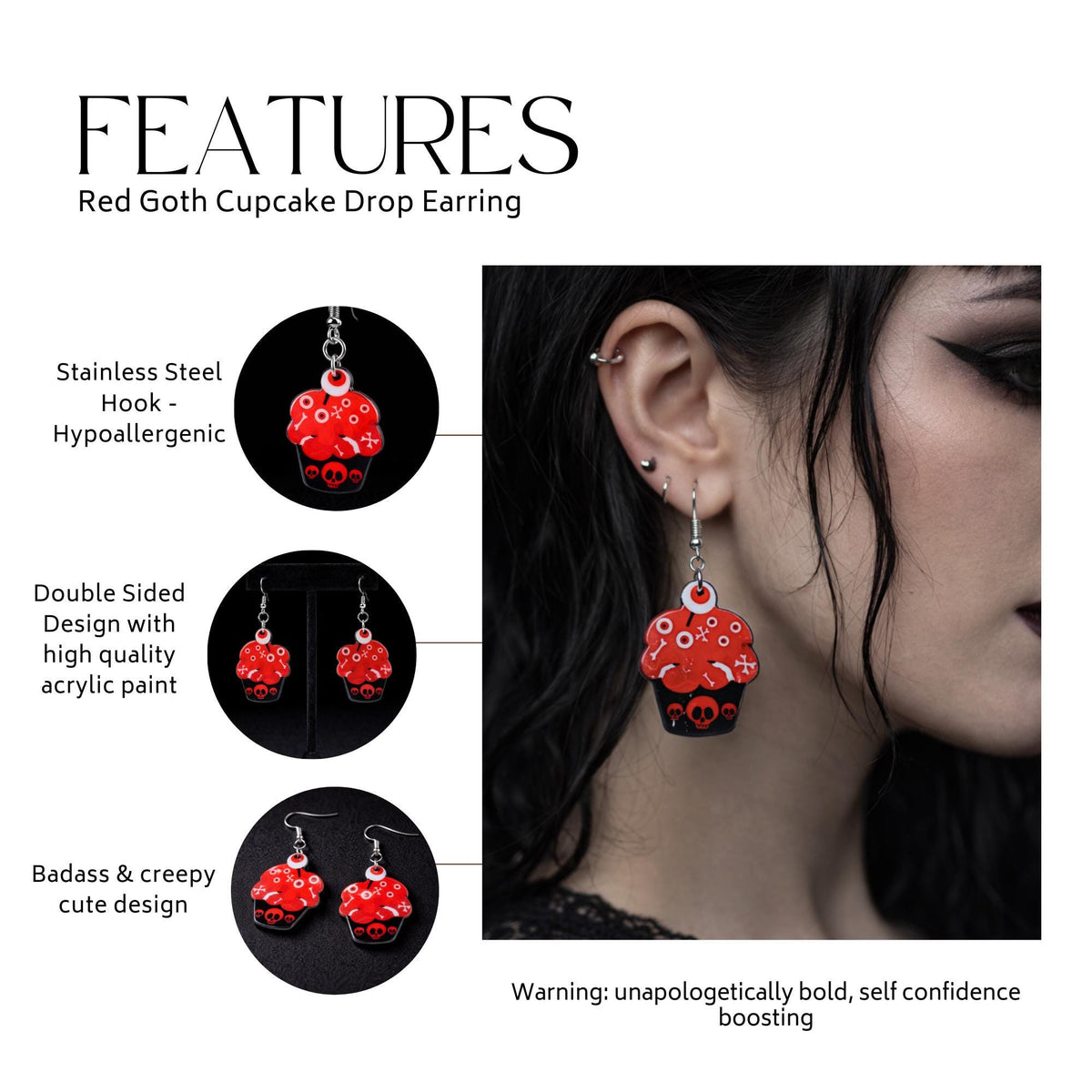 Creepy Cupcake Earrings, Double Sided Design Goth Skull Dangles