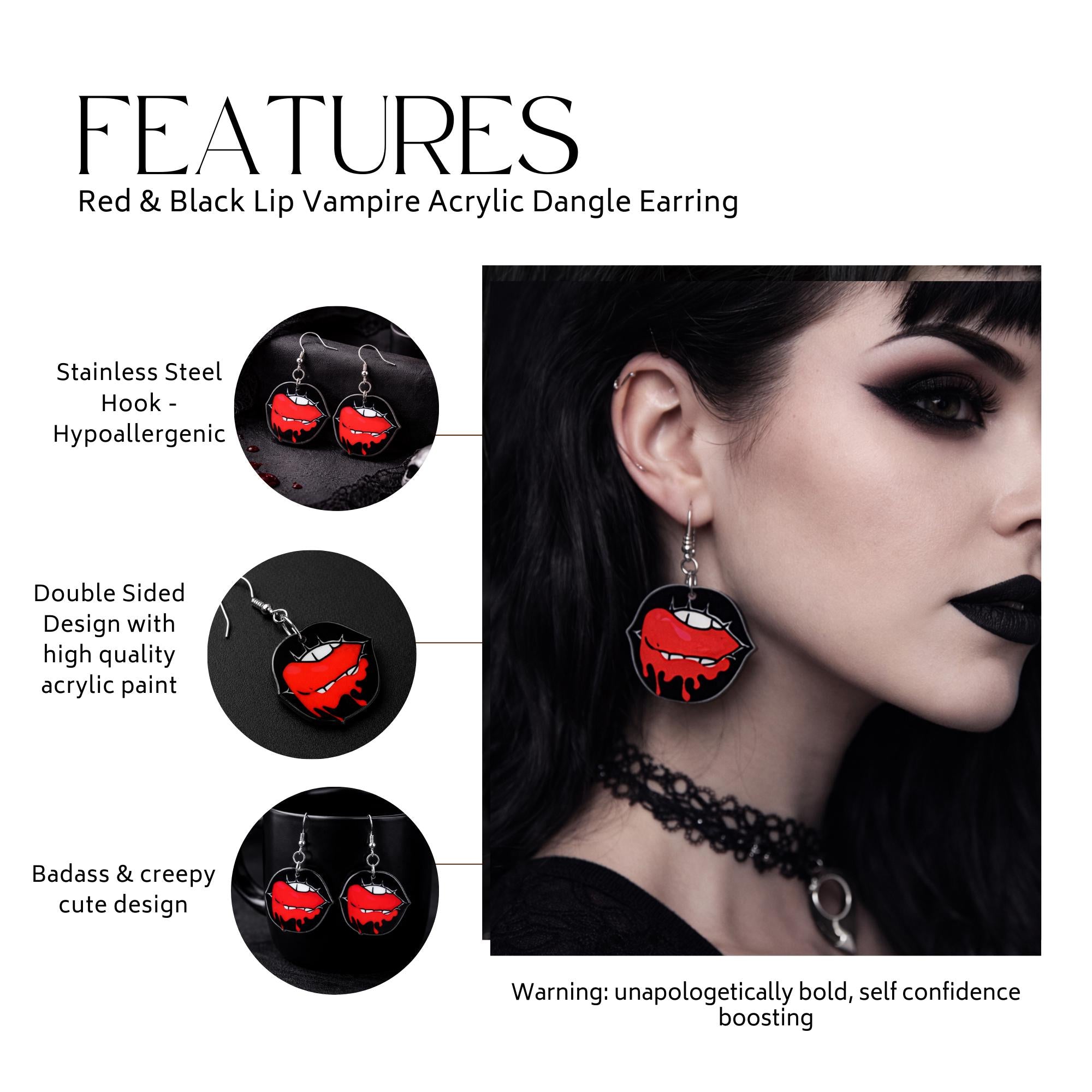 Gothic Vampire Lip Earrings, Double Sided Acrylic Fanged Mouth Dangles with Hypoallergenic Hooks