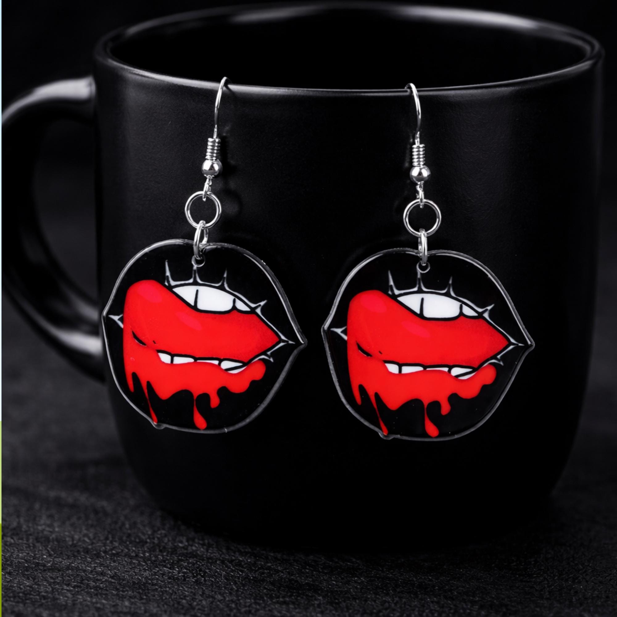 Gothic Vampire Lip Earrings, Double Sided Acrylic Fanged Mouth Dangles with Hypoallergenic Hooks
