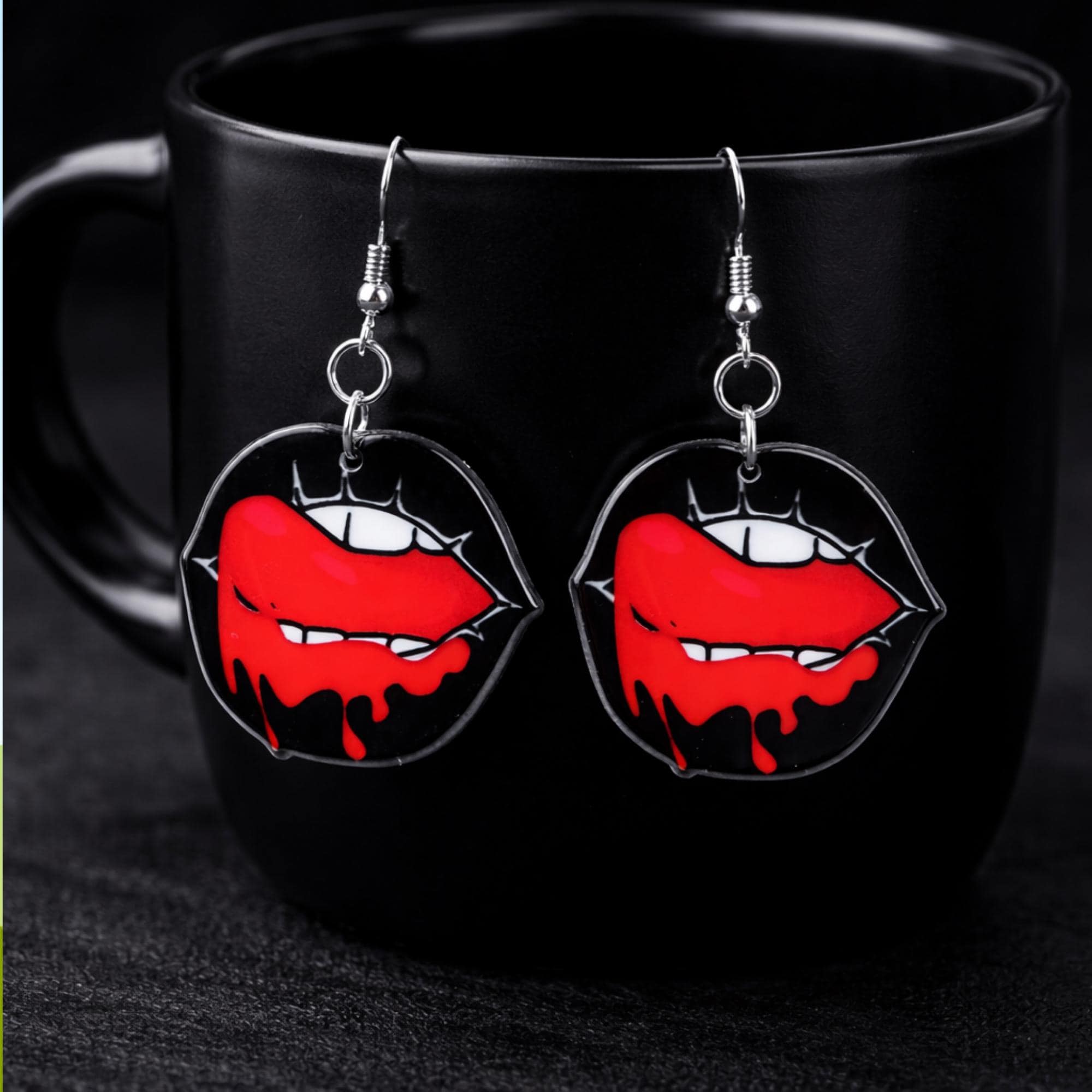 Gothic Vampire Lip Earrings, Double Sided Acrylic Fanged Mouth Dangles with Hypoallergenic Hooks