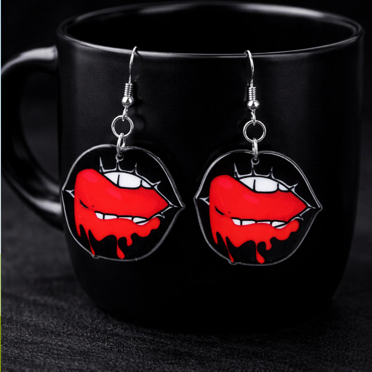 Gothic Vampire Lip Earrings, Double Sided Acrylic Fanged Mouth Dangles with Hypoallergenic Hooks