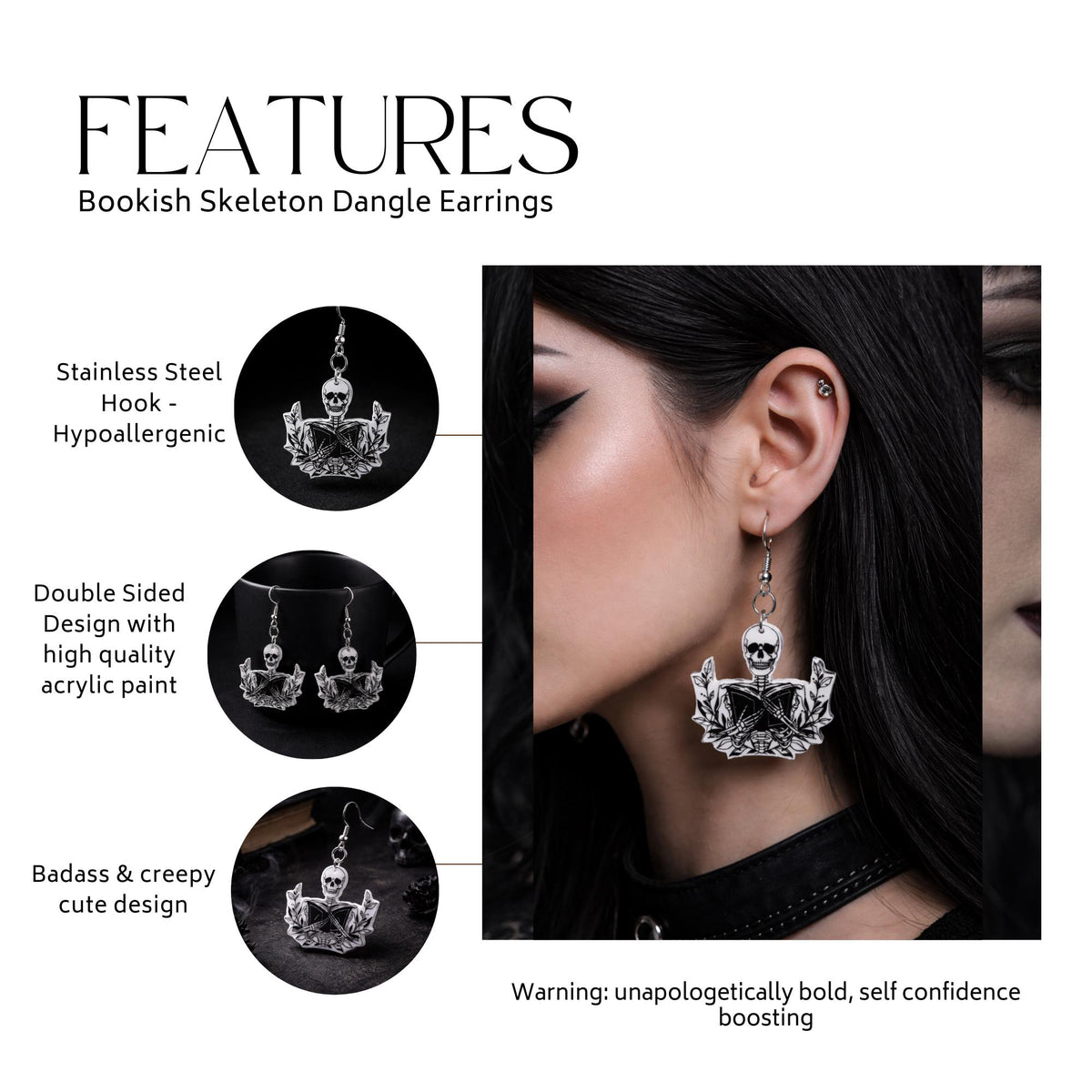 Skeleton Reading Book Earrings, Gothic Bookish Skull Dangles