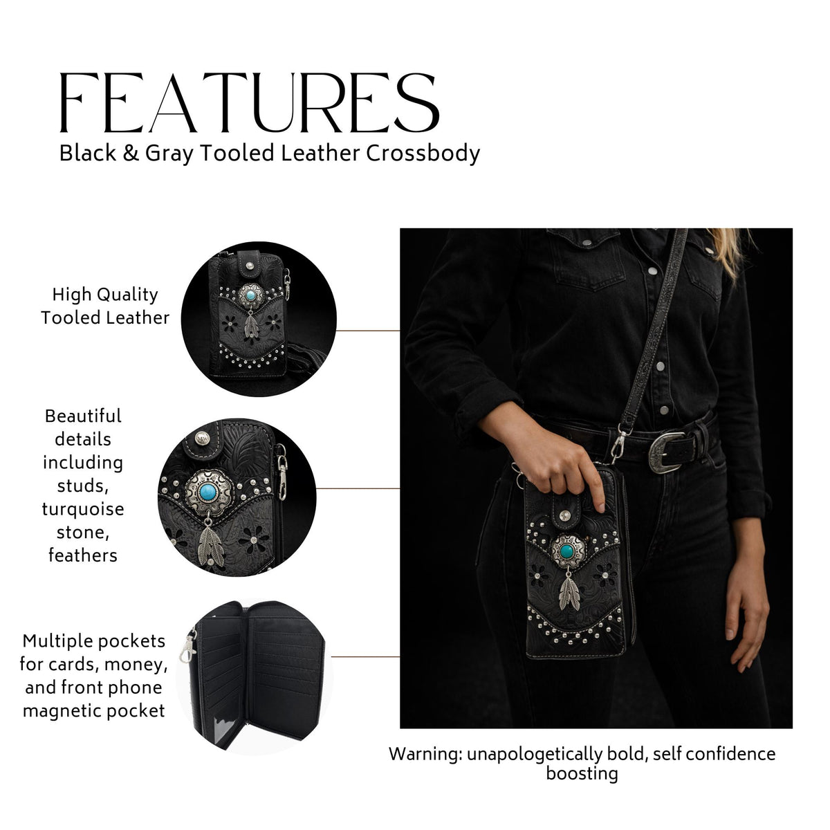 Black and Gray Western Phone Crossbody, Tooled Leather Cowgirl Phone Bag