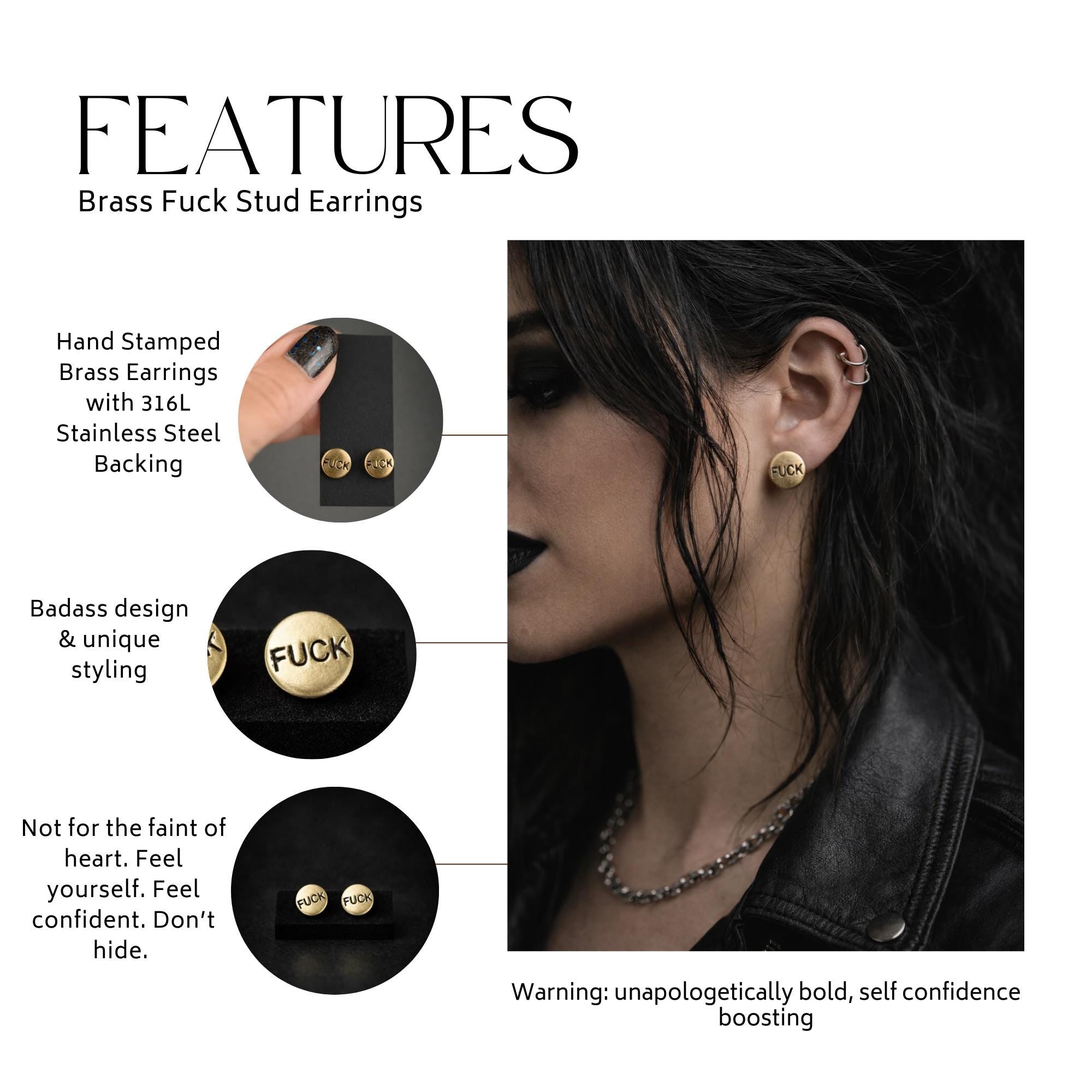 Minimalist Fuck Stud Earrings, Brass Swear Word Jewelry for Bold Style