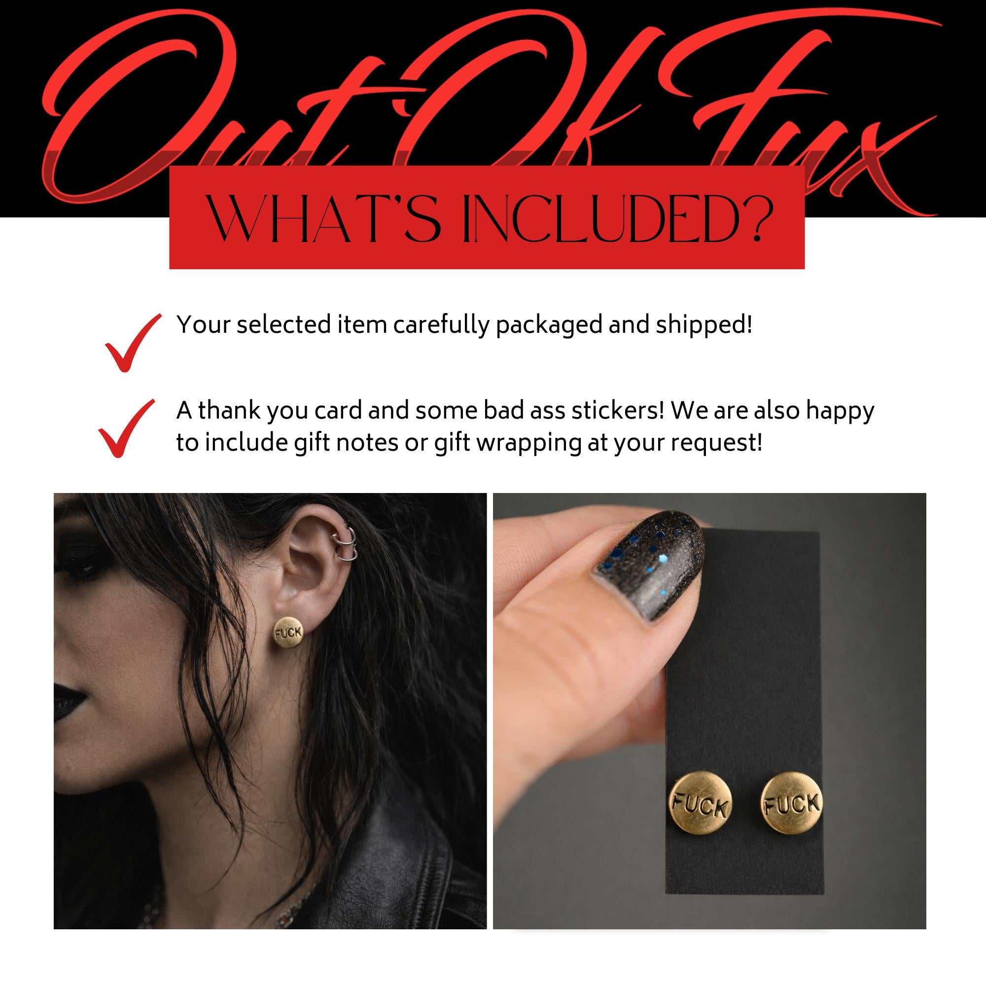 Minimalist Fuck Stud Earrings, Brass Swear Word Jewelry for Bold Style