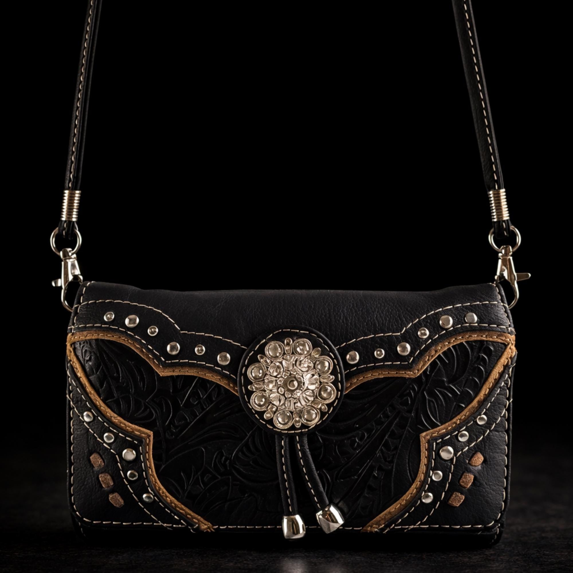 Tooled Western Wallet for Women, Cowgirl Wristlet and Crossbody Wallet with Concho Snap