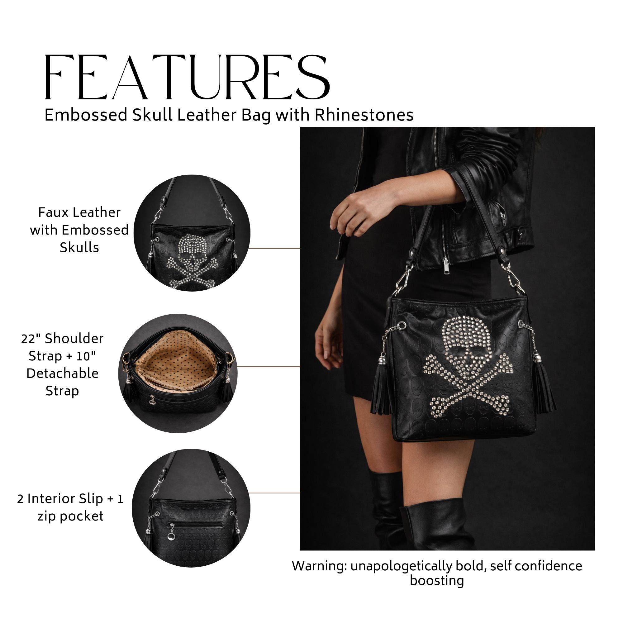 Skull Crossbody Embossed Faux Leather Rhinestone Skull Purse, Biker Chic Gothic Handbag