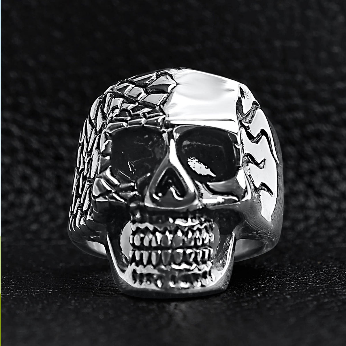 Stainless Steel Skull Cracked Ring: Polished Biker Statement Ring for Men Sizes 9-14