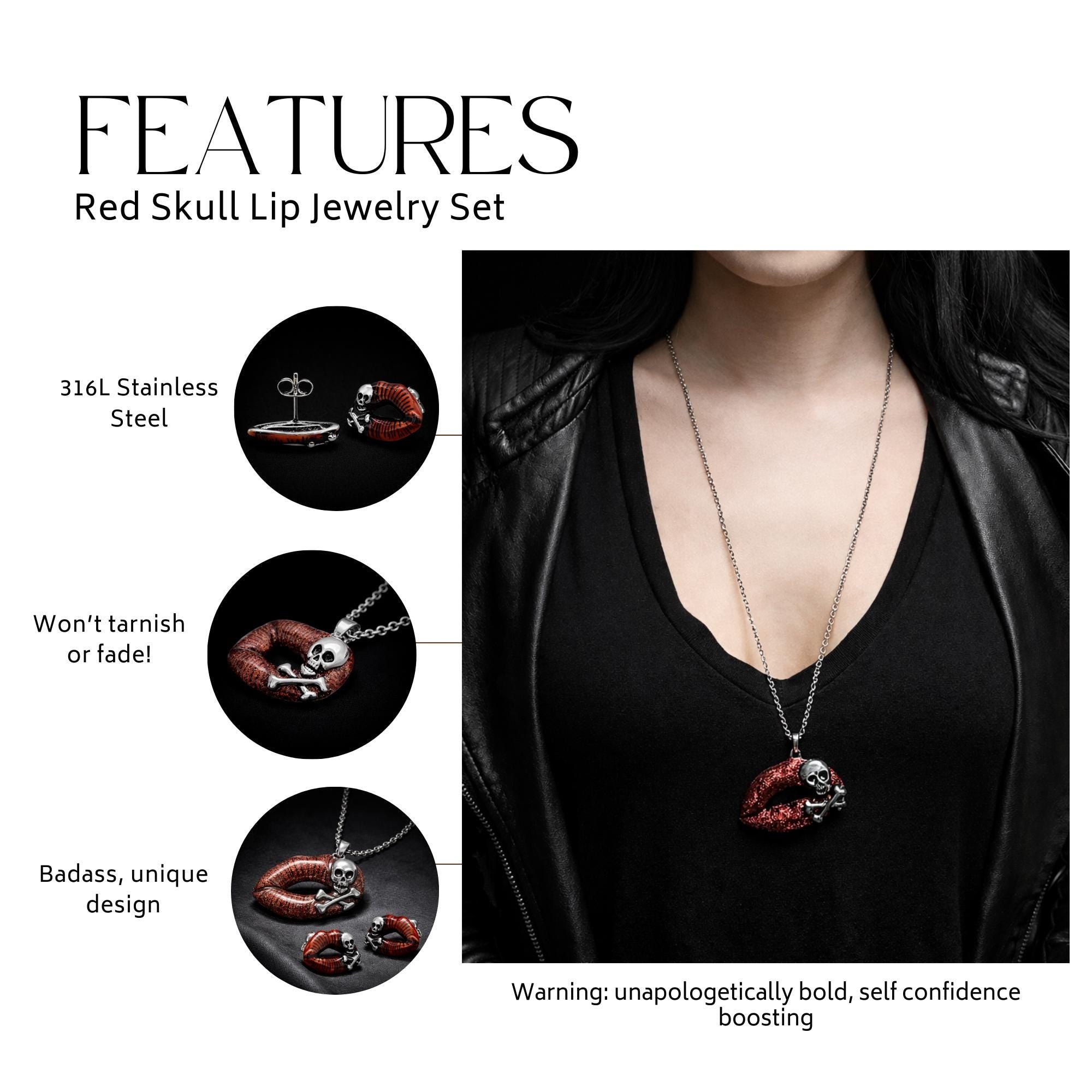 Red Skull Lip Jewelry Set: Stainless Steel Gothic Necklace and Stud Earrings