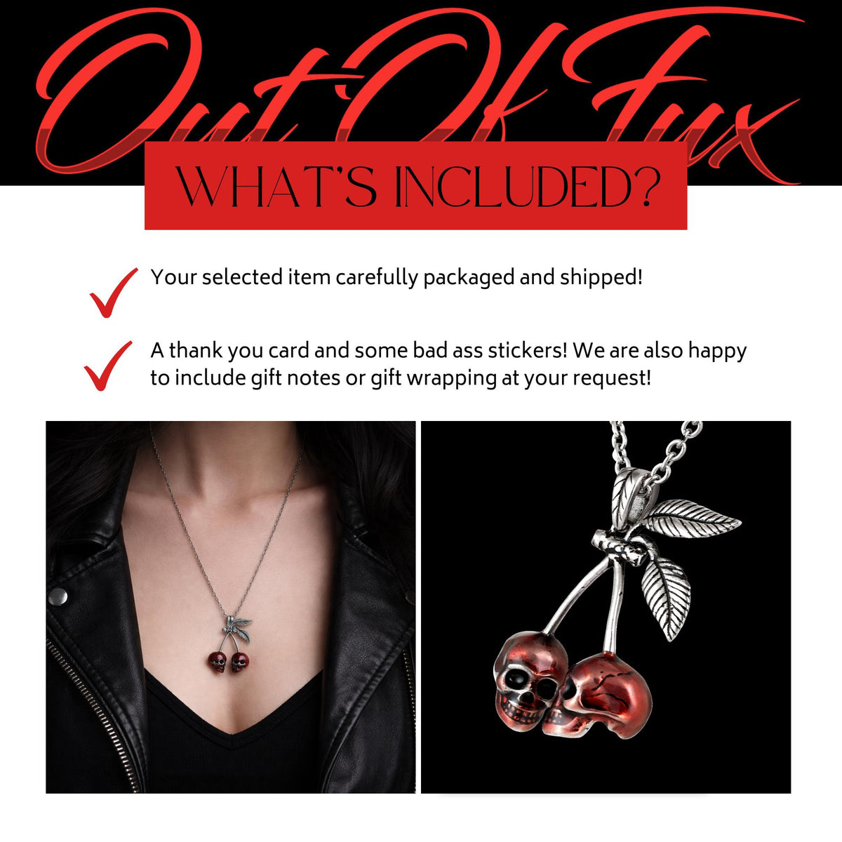 Cherry Skull Stainless Steel Necklace: Red Gothic Pendant for Dark Glam Women