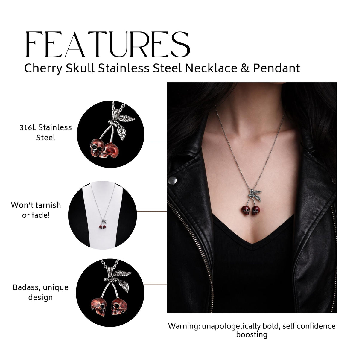 Cherry Skull Stainless Steel Necklace: Red Gothic Pendant for Dark Glam Women