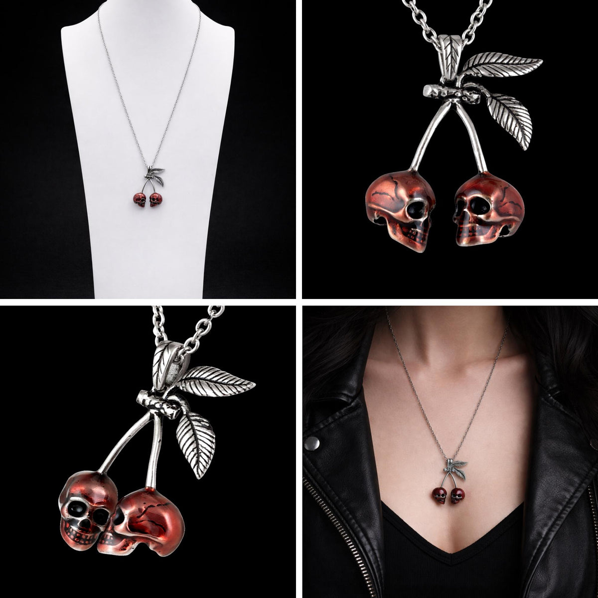 Cherry Skull Stainless Steel Necklace: Red Gothic Pendant for Dark Glam Women