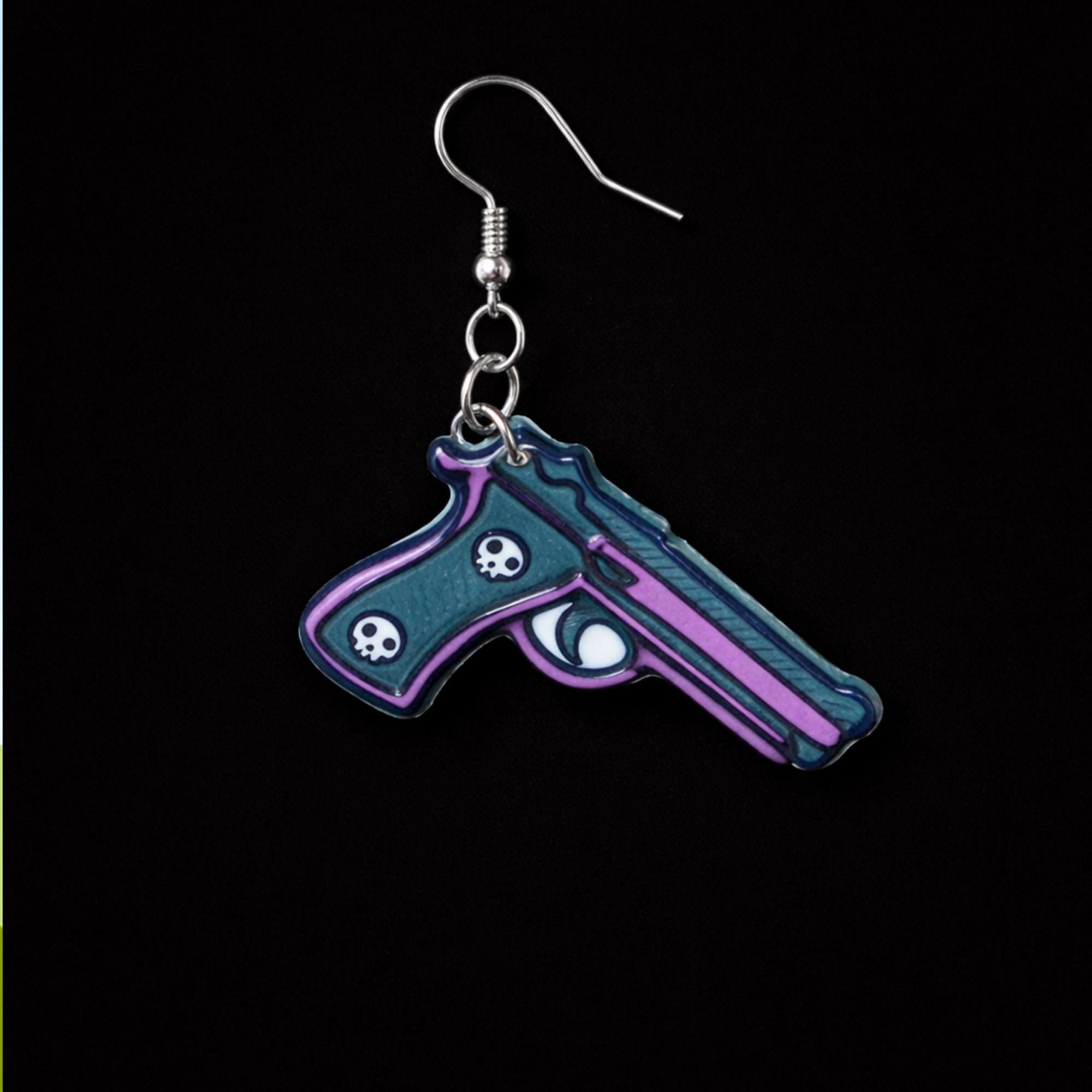 Green Purple Skull Pistol Earrings, Goth Punk Acrylic Dangle Earrings