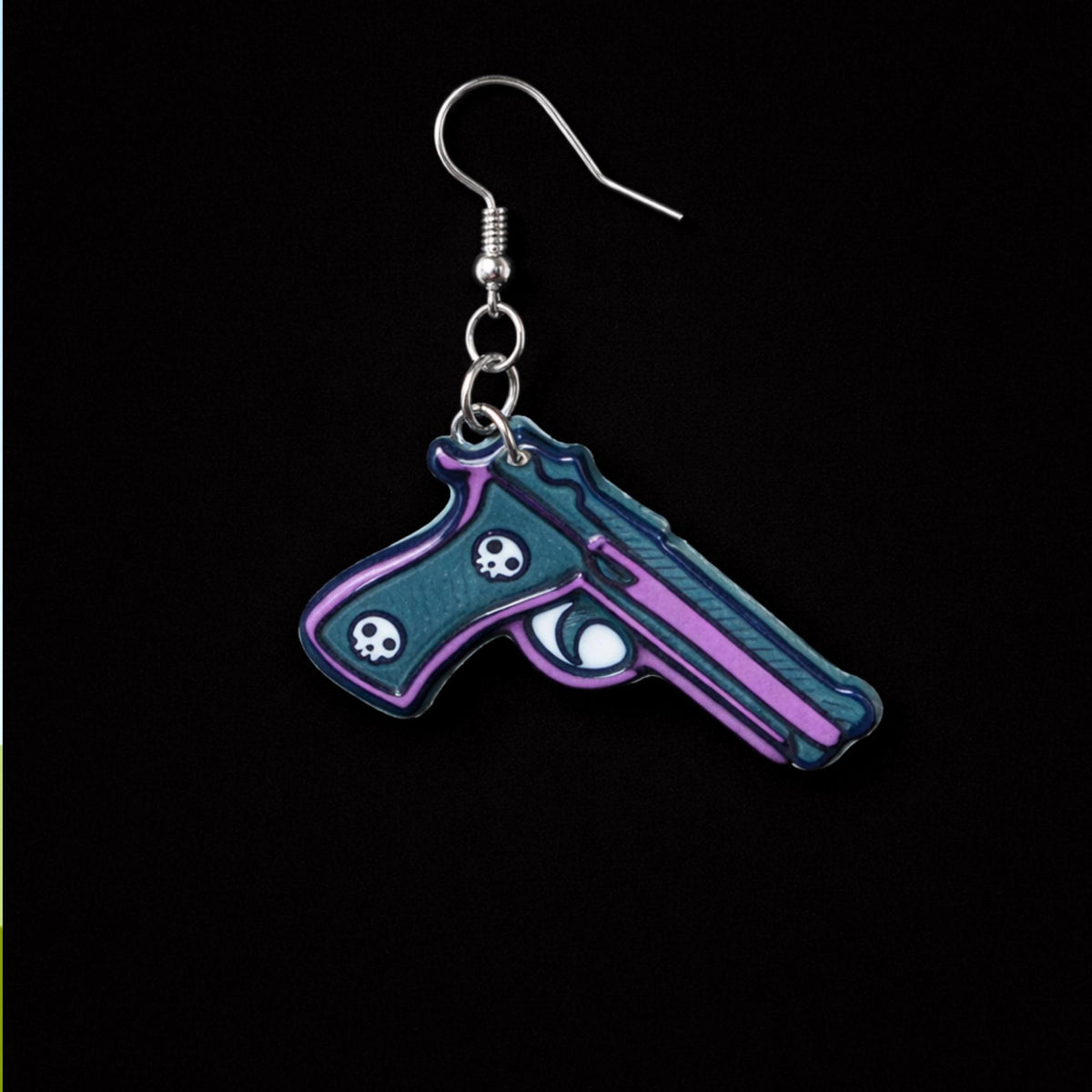Green Purple Skull Pistol Earrings, Goth Punk Acrylic Dangle Earrings