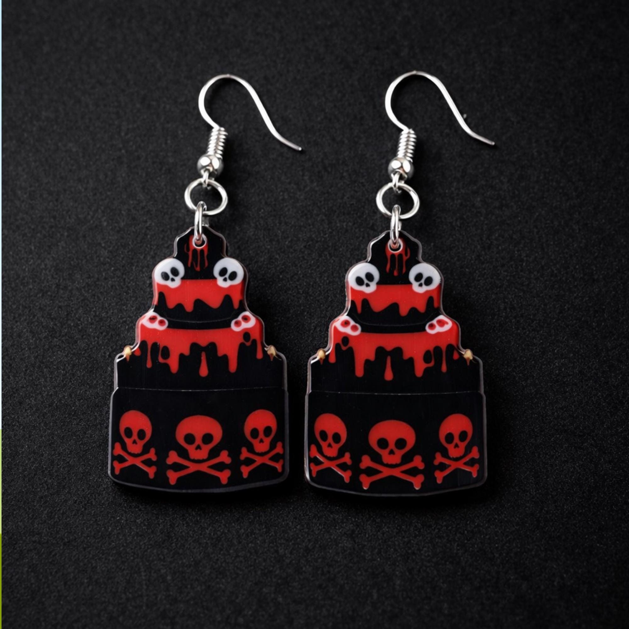 Goth Cake Skull Earrings, Double Sided Acrylic Dangle with Stainless Steel Hooks