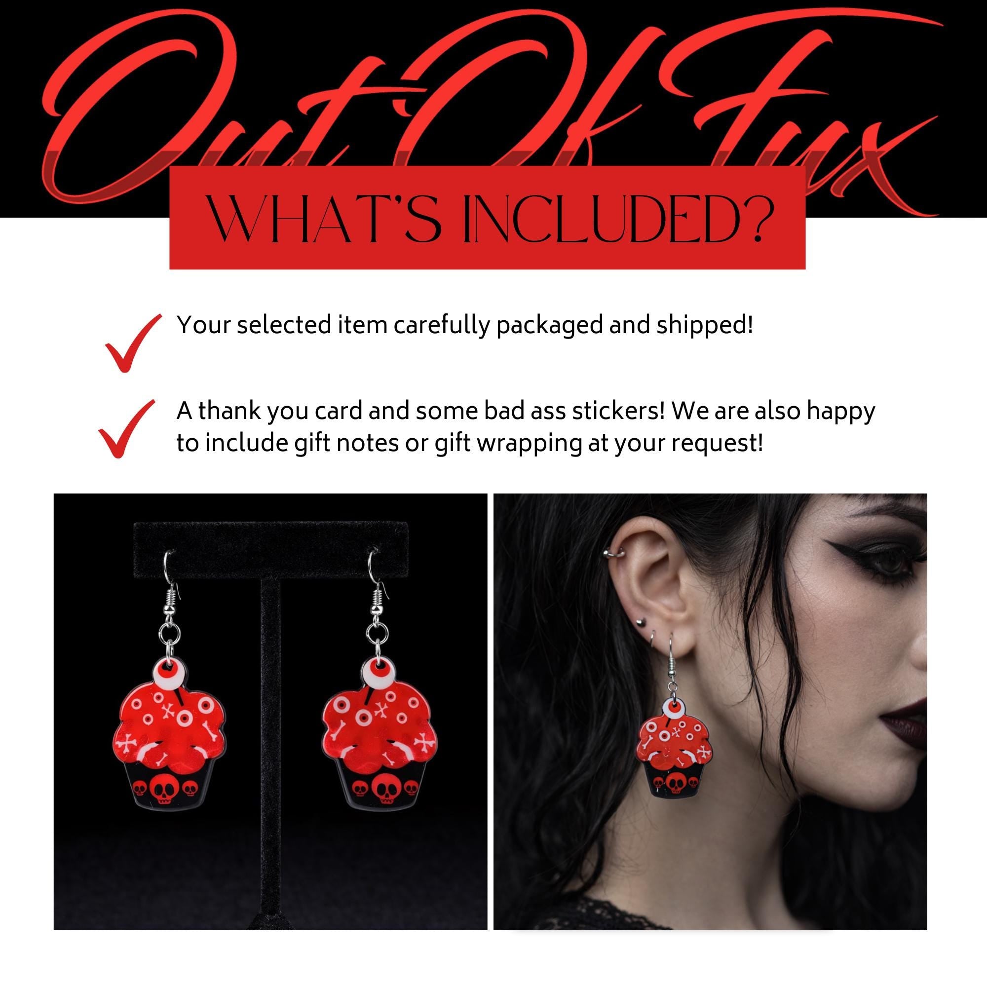 Creepy Cupcake Earrings, Double Sided Design Goth Skull Dangles