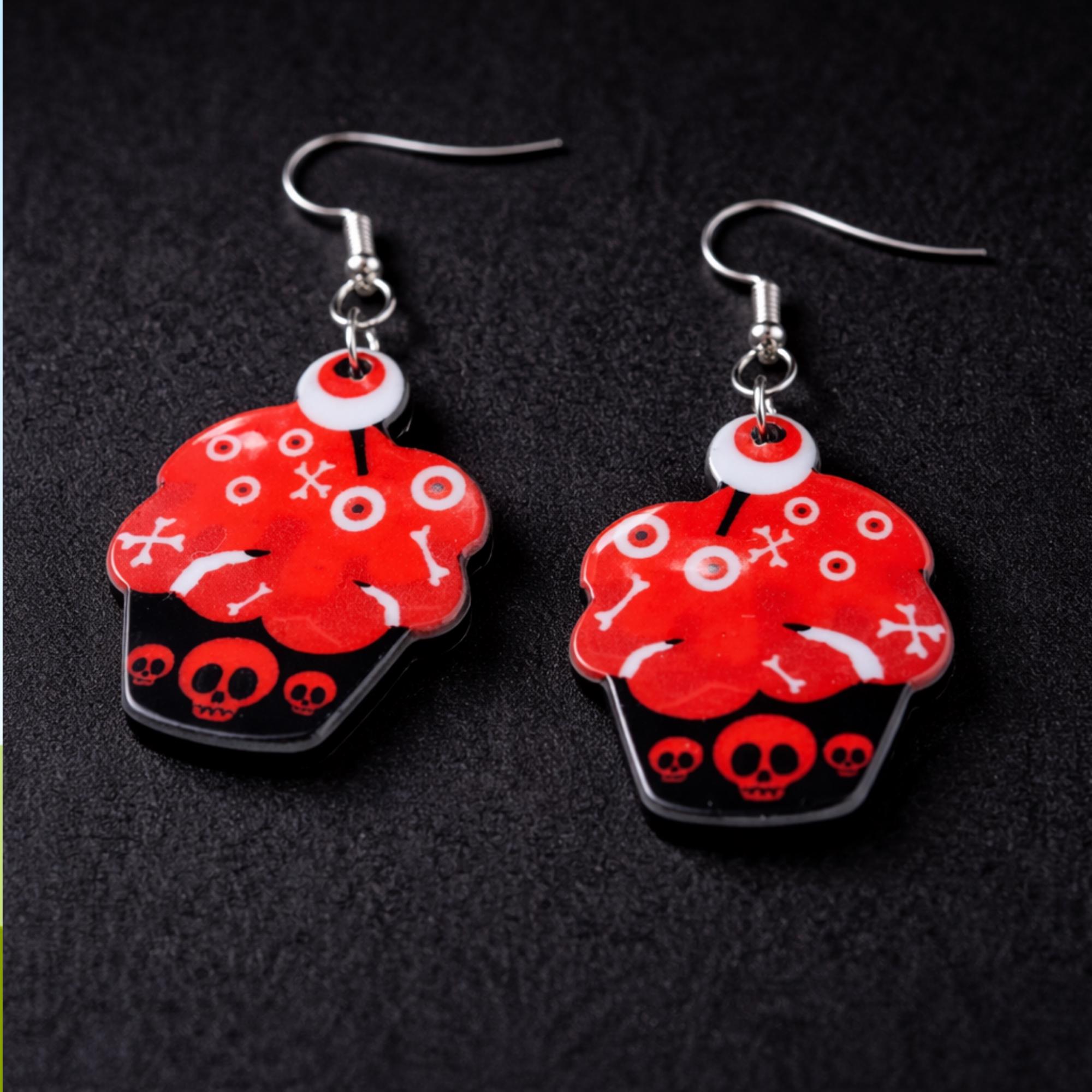 Creepy Cupcake Earrings, Double Sided Design Goth Skull Dangles