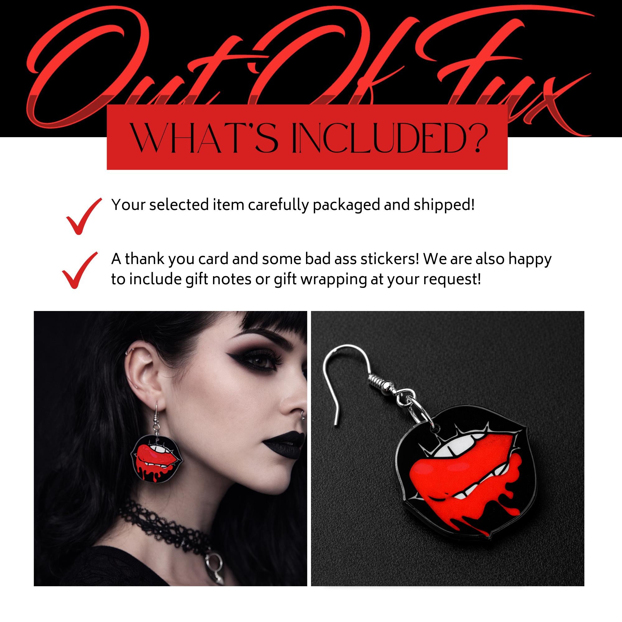Gothic Vampire Lip Earrings, Double Sided Acrylic Fanged Mouth Dangles with Hypoallergenic Hooks