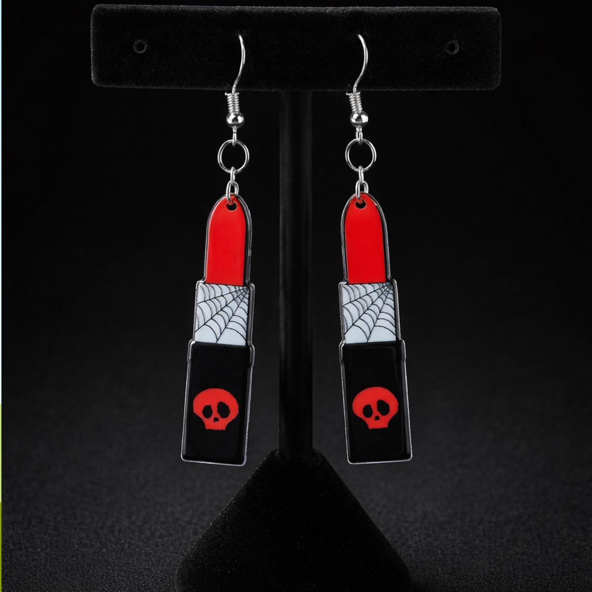 Goth Lipstick Earrings, Double Sided Skull Design with Hypoallergenic Stainless Steel Hooks