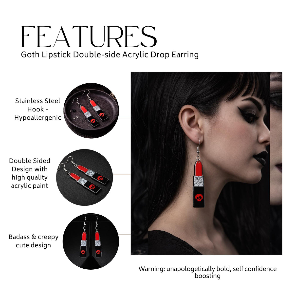 Goth Lipstick Earrings, Double Sided Skull Design with Hypoallergenic Stainless Steel Hooks