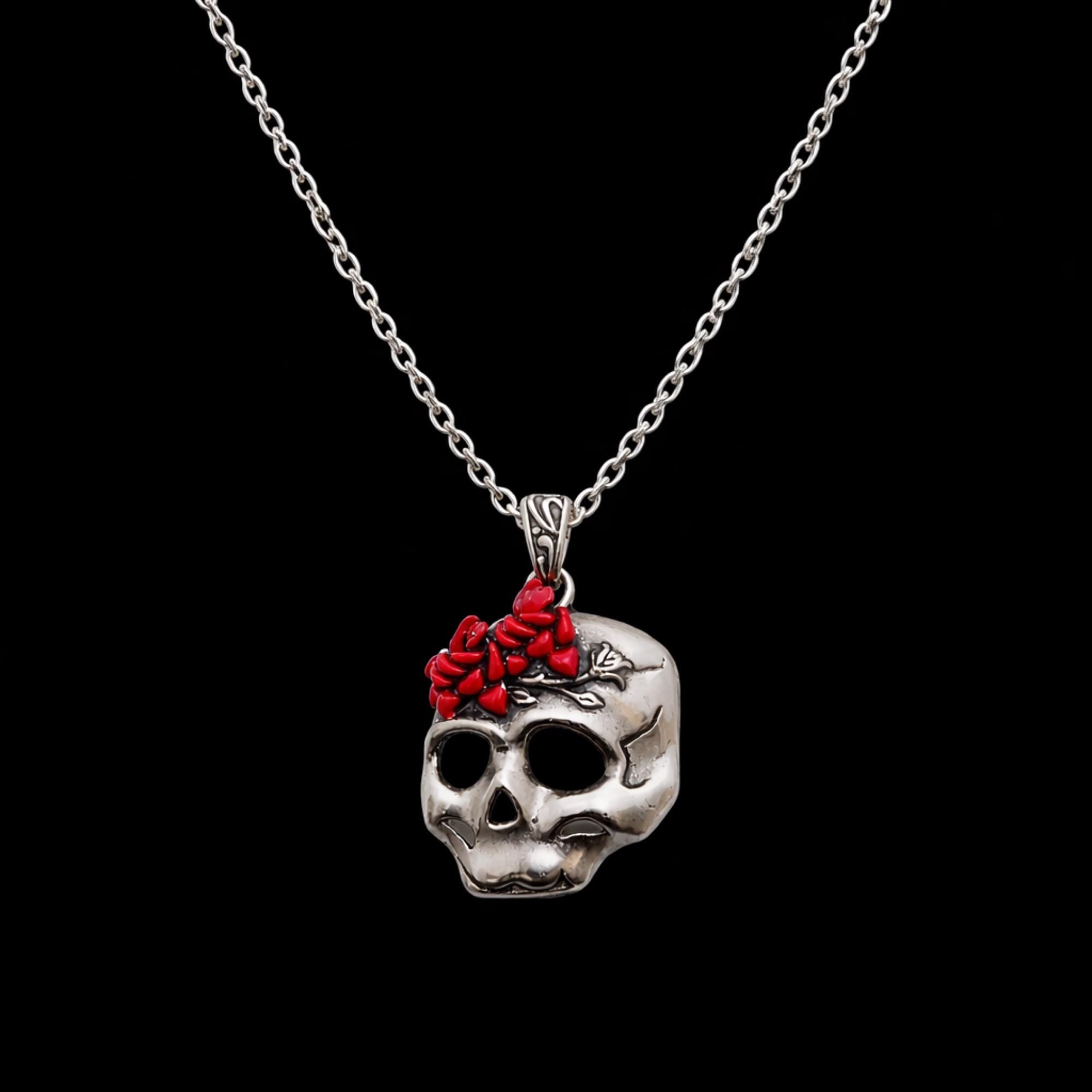 Stainless Steel Skull Necklace with Red Roses, Gothic Biker Pendant, 316L Jewelry