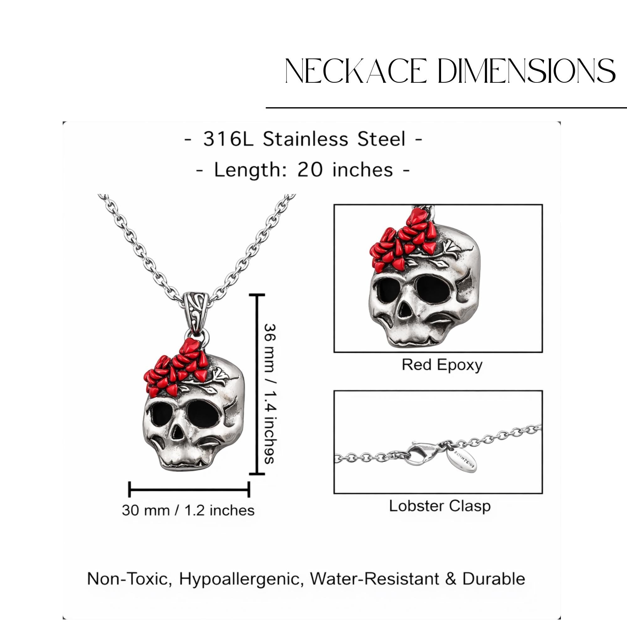 Stainless Steel Skull Necklace with Red Roses, Gothic Biker Pendant, 316L Jewelry