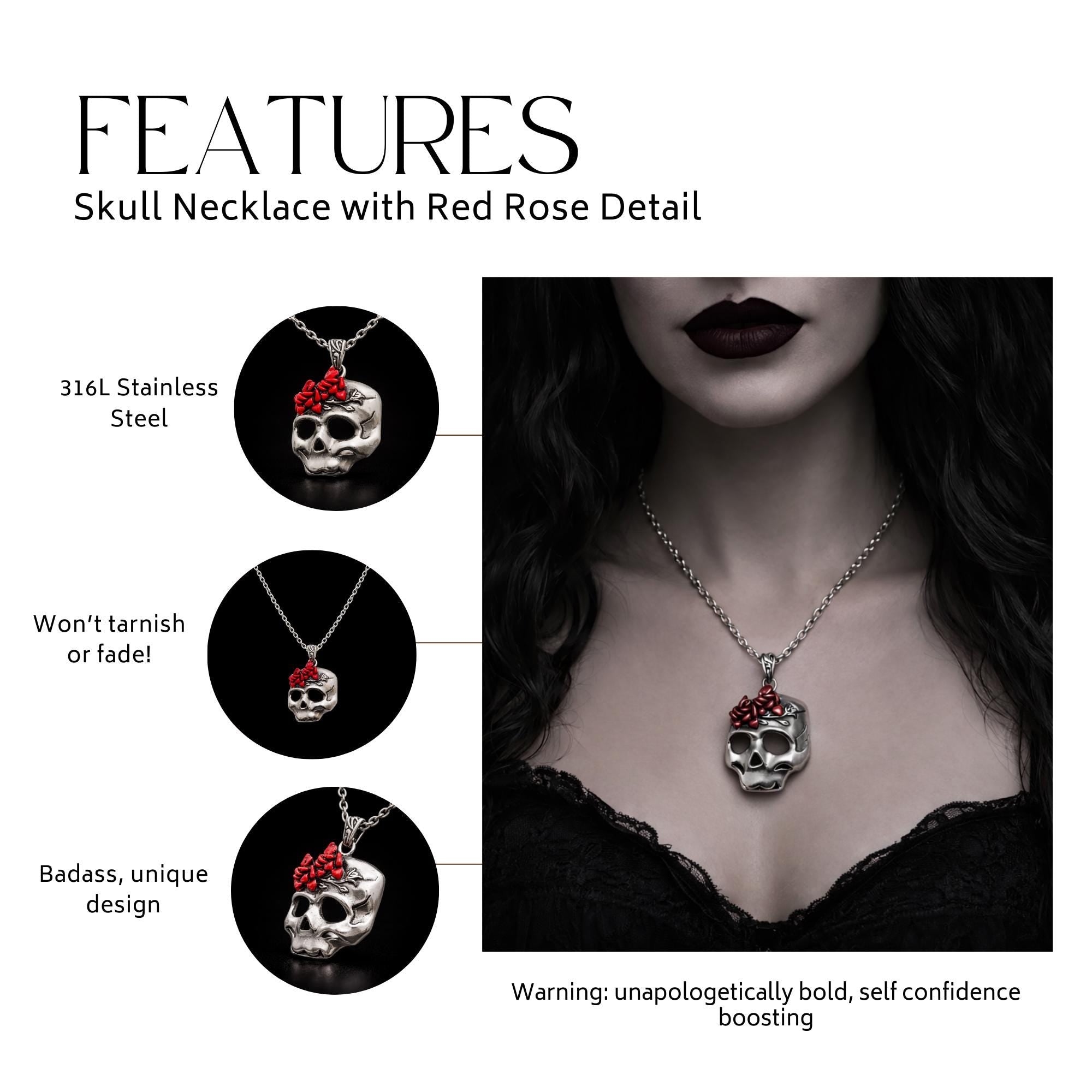 Stainless Steel Skull Necklace with Red Roses, Gothic Biker Pendant, 316L Jewelry
