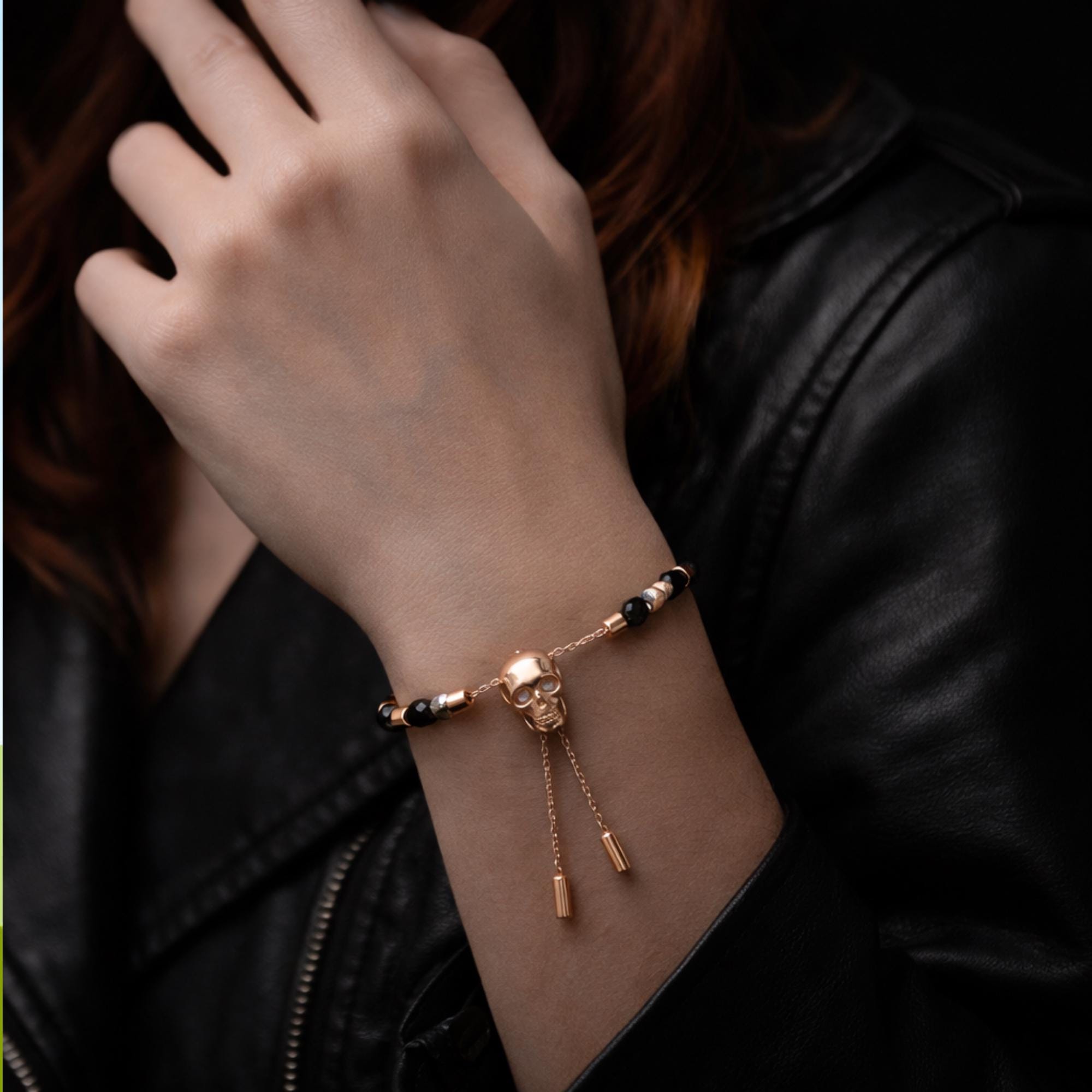 Rose Gold Skull Bracelet: Hematite Adjustable Goth Bead Jewelry