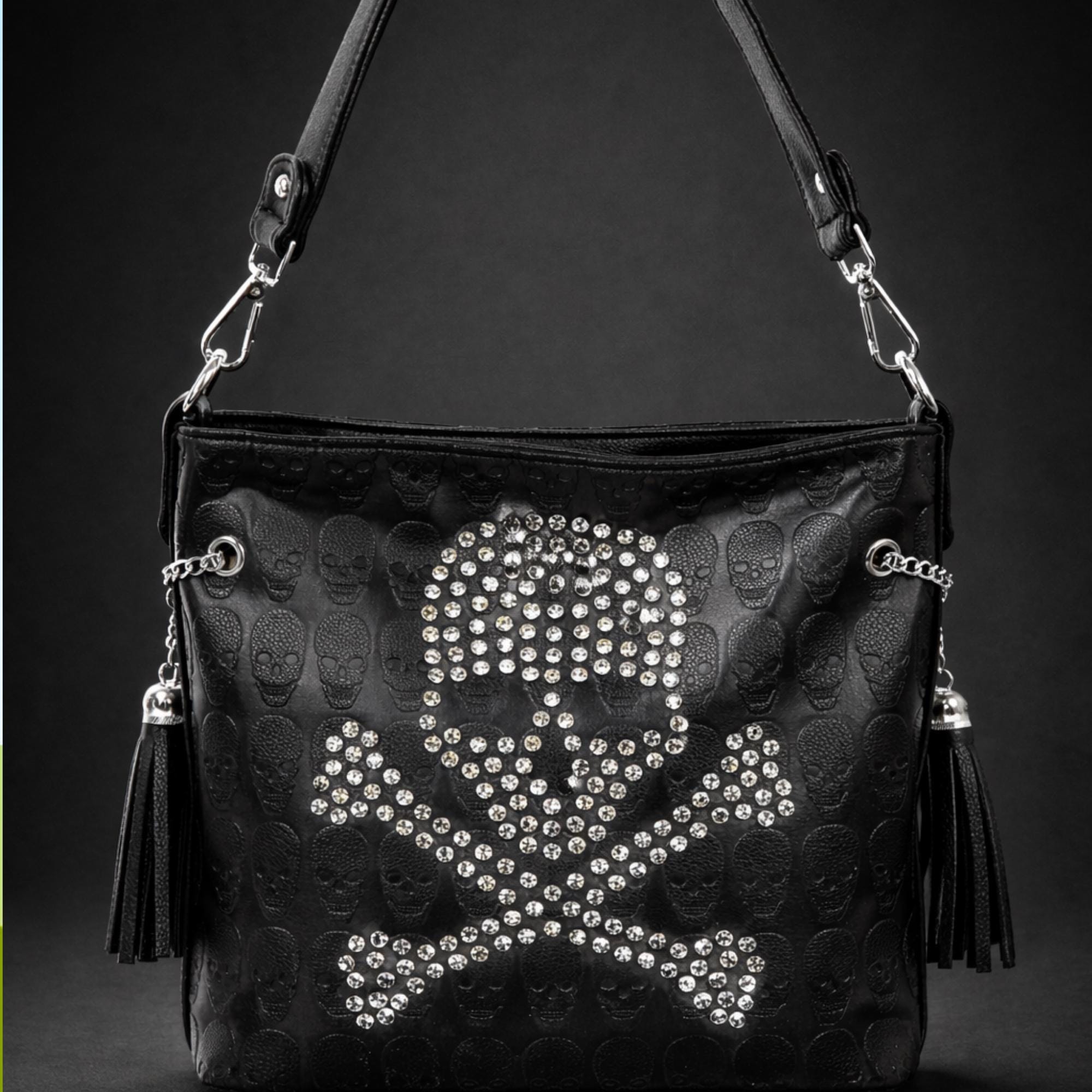 Rhinestone Skull Handbag and Wallet Set, Black Gothic Crossbody Purse with Skull and Crossbones Wallet