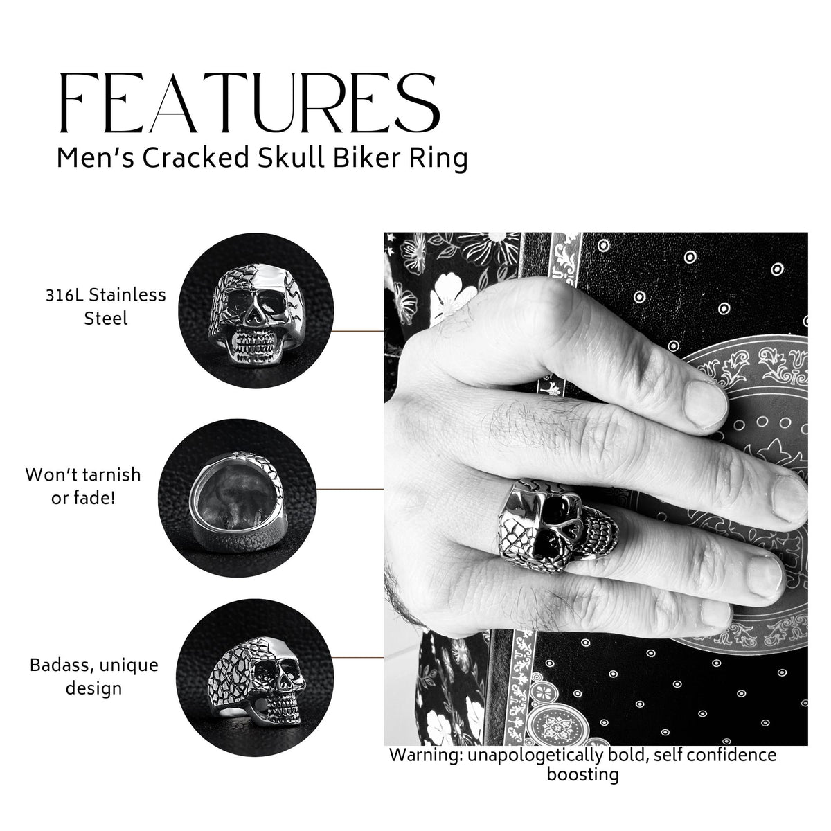 Stainless Steel Skull Cracked Ring: Polished Biker Statement Ring for Men Sizes 9-14
