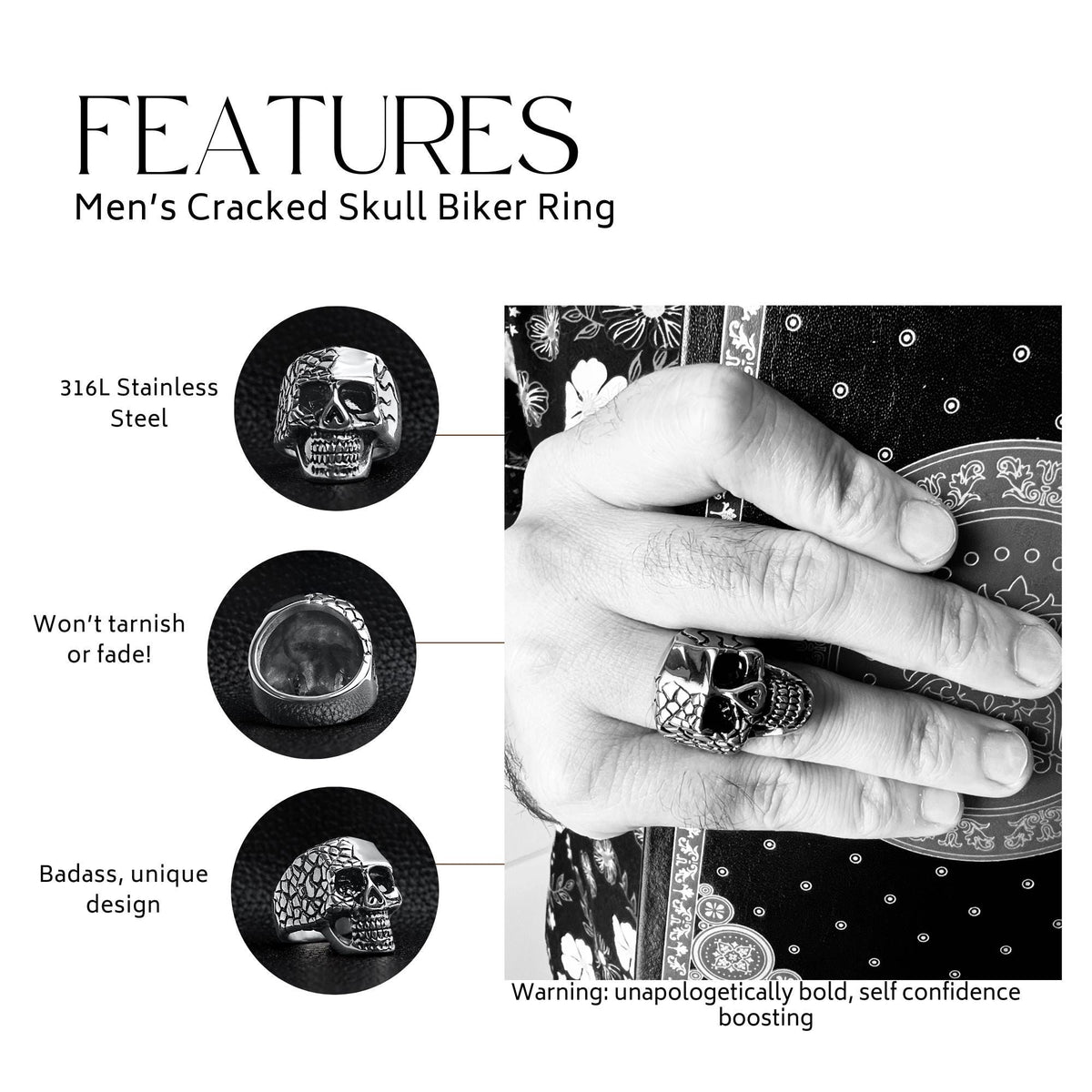 Stainless Steel Skull Cracked Ring: Polished Biker Statement Ring for Men Sizes 9-14