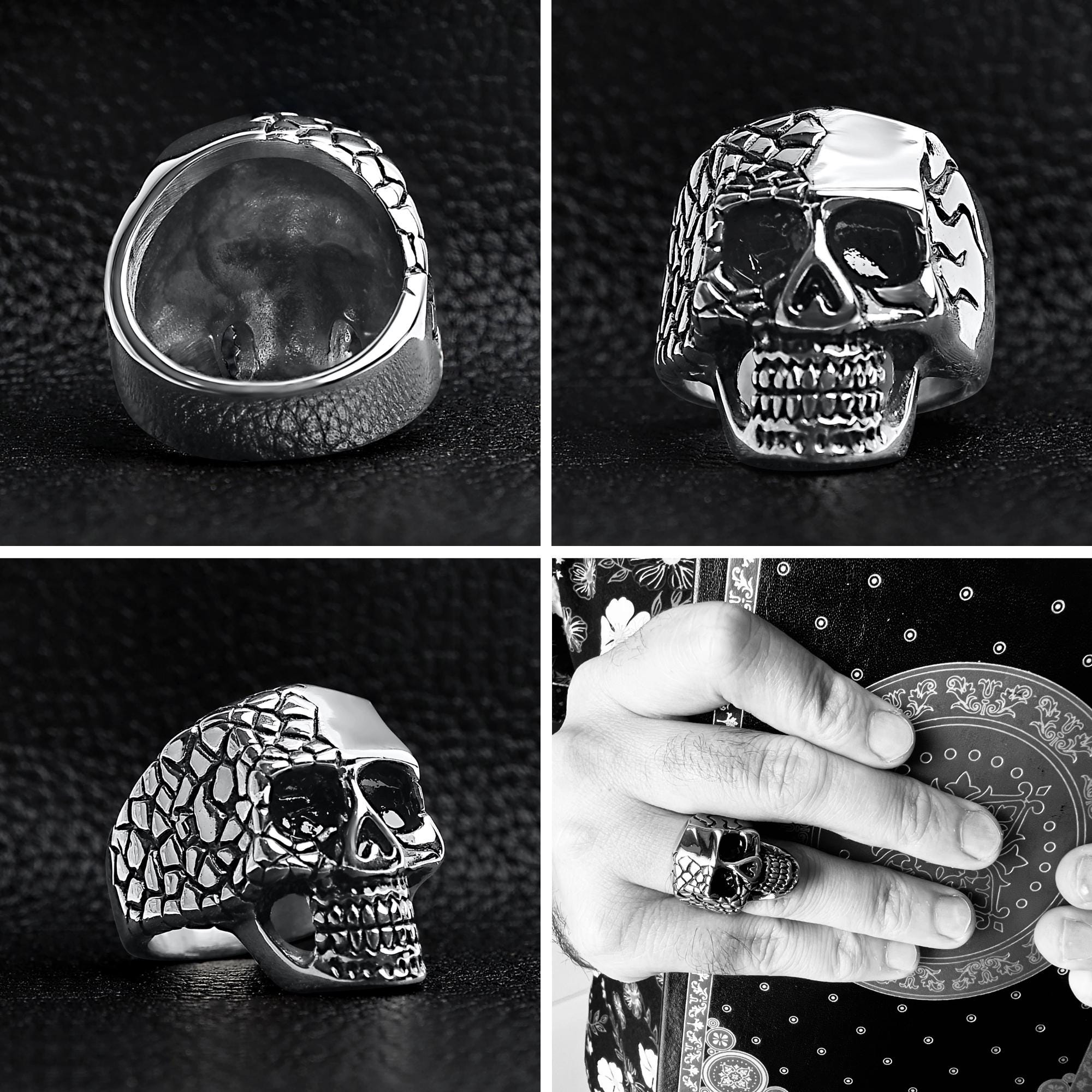 Stainless Steel Skull Cracked Ring: Polished Biker Statement Ring for Men Sizes 9-14