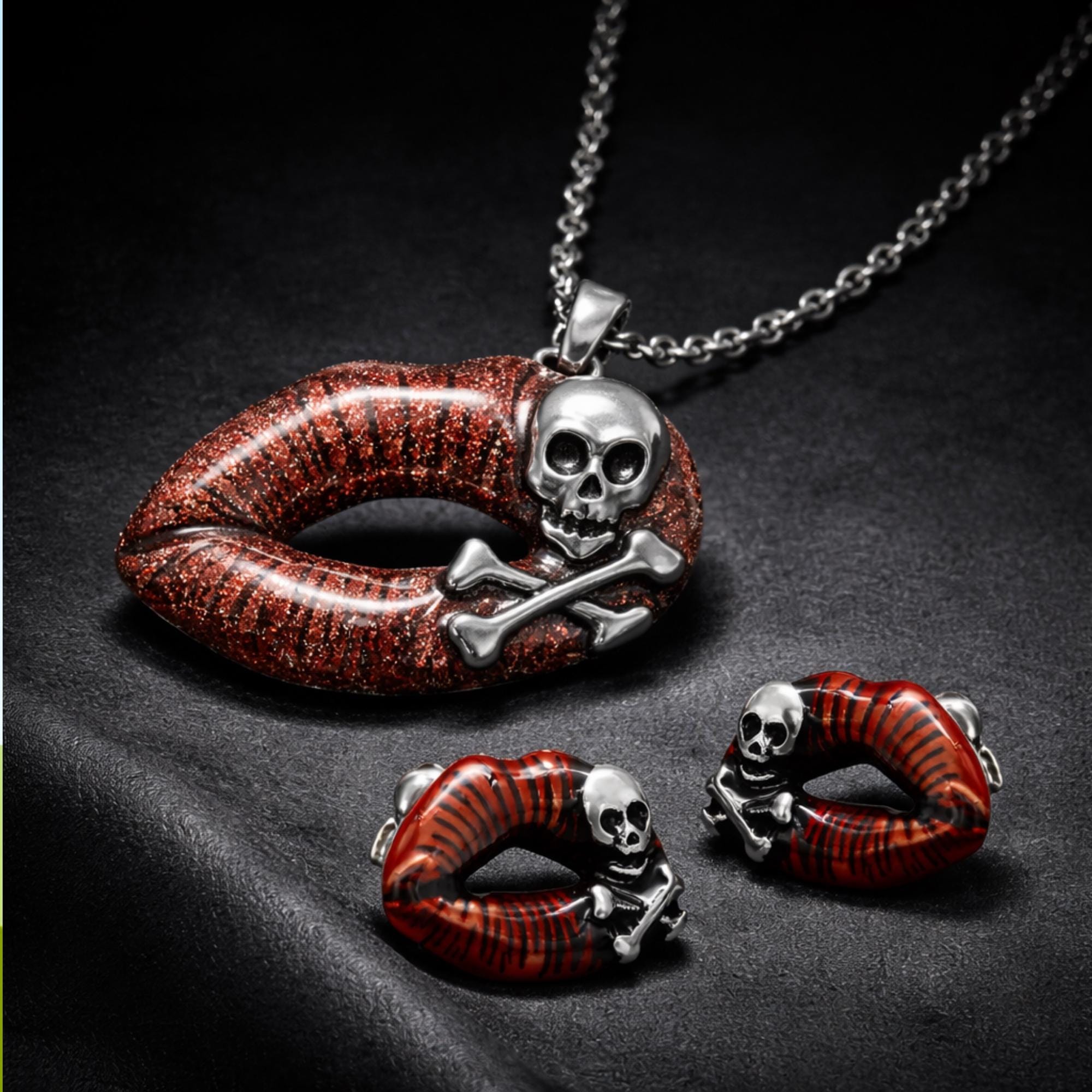 Red Skull Lip Jewelry Set: Stainless Steel Gothic Necklace and Stud Earrings