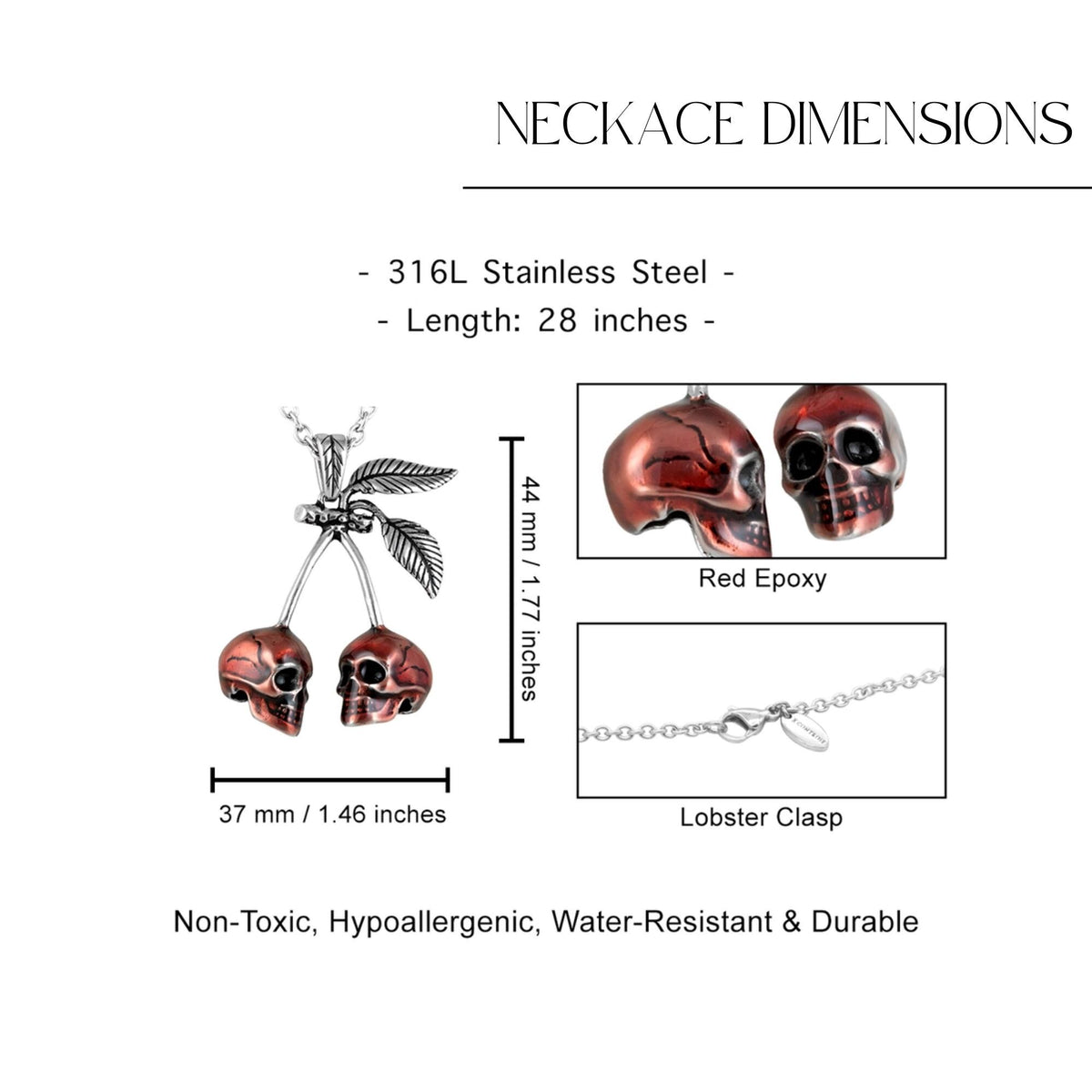 Cherry Skull Stainless Steel Necklace: Red Gothic Pendant for Dark Glam Women
