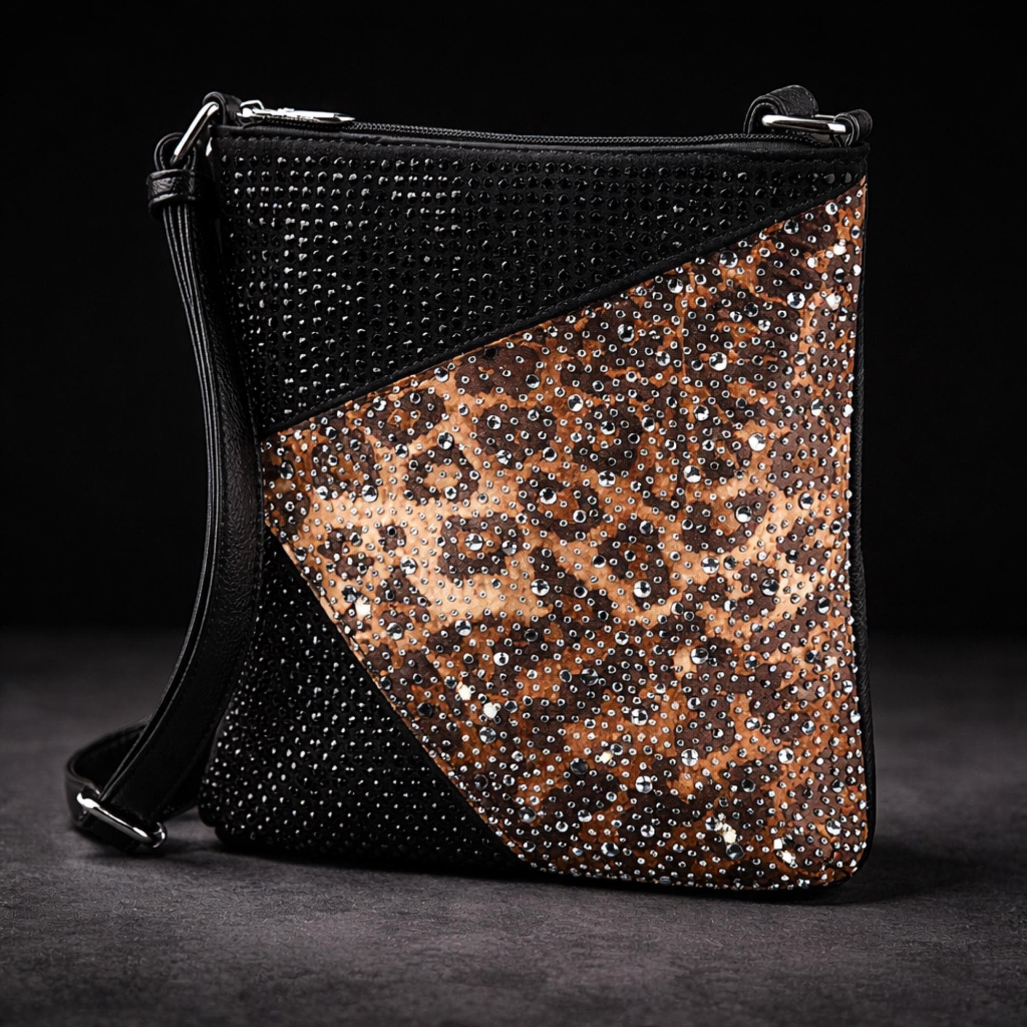 Leopard Rhinestone Crossbody Purse: Black Glam Statement Bag for Women