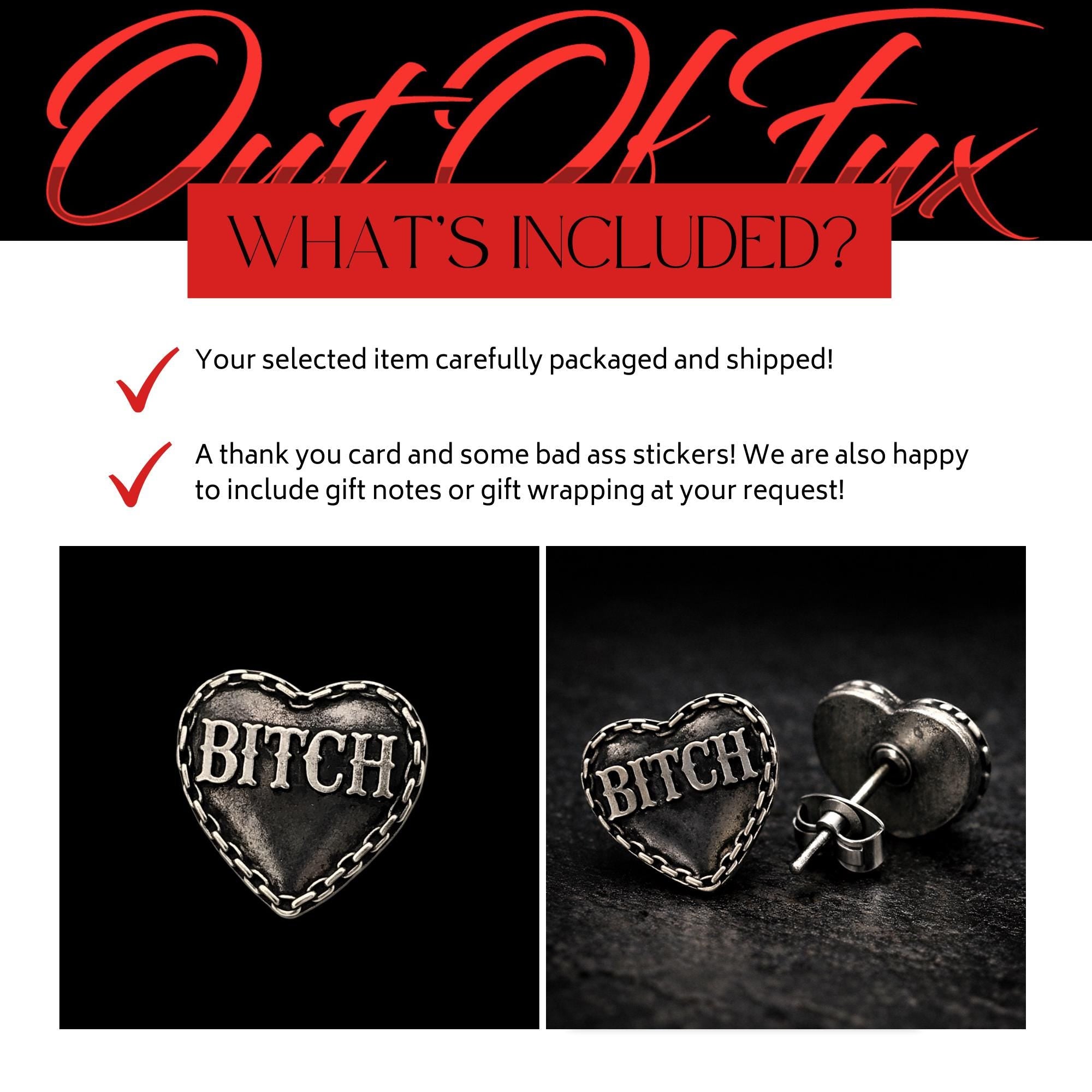 Bitch Heart Stud Earrings, Stainless Steel Swear Word Earrings, Rebel Cowgirl Jewelry, Edgy Statement Studs, Funny Gift for Bold Women